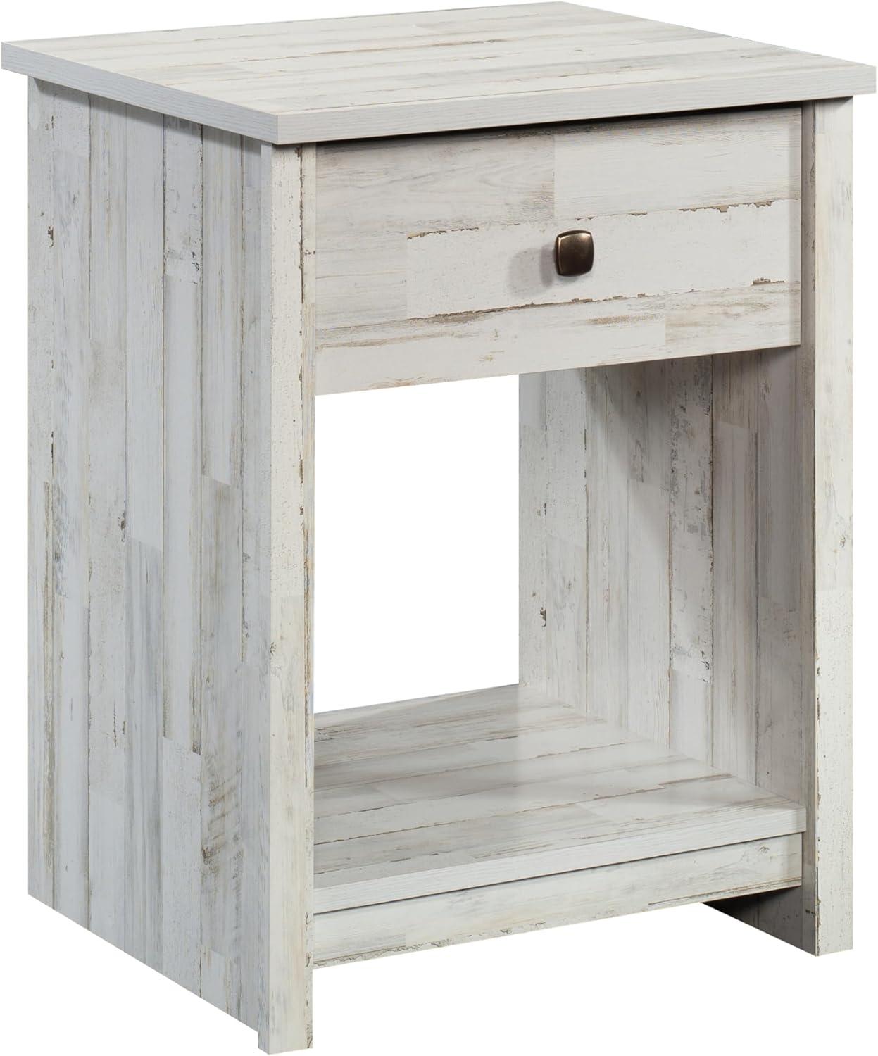 River Ranch Nightstand with Drawer White Plank - Sauder: Farmhouse Style Bedside Table with Open Shelf