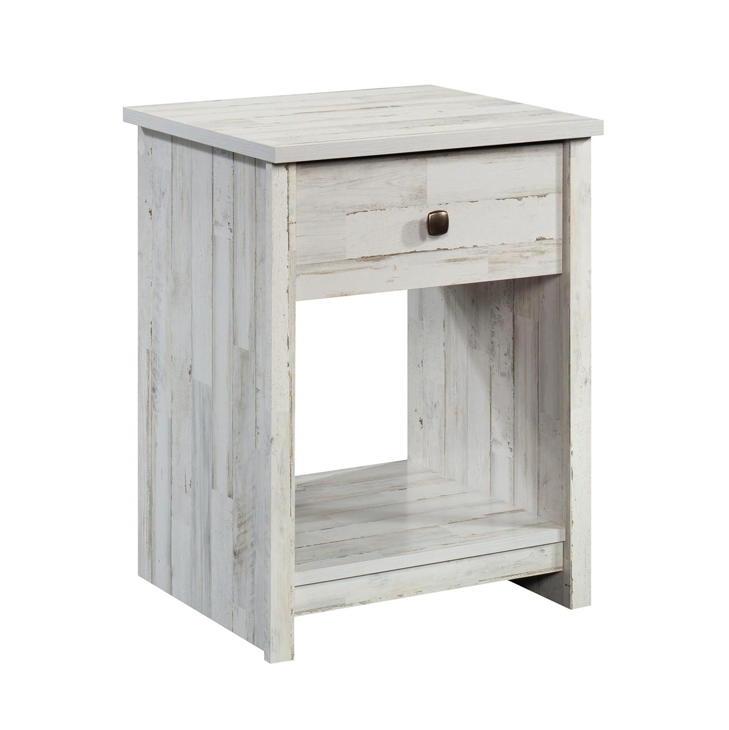 River Ranch Nightstand with Drawer White Plank - Sauder: Farmhouse Style Bedside Table with Open Shelf