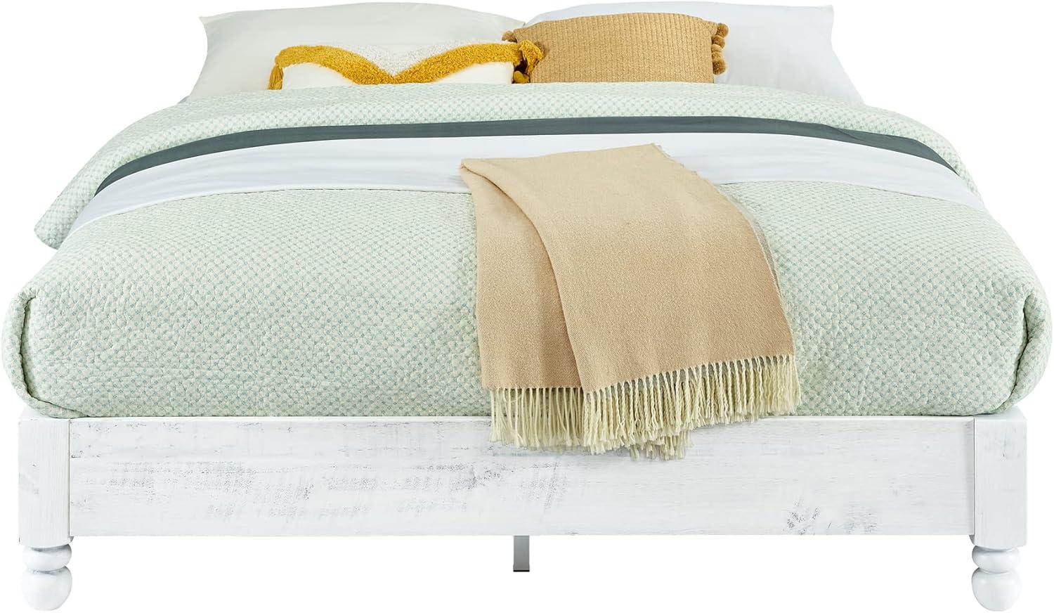 MUSEHOMEINC BF1002WQ 12 Inch Tall Easy Assembly Solid Pine Wood Rustic Platform Bed Frame with Wooden Slat Support, Whitewashed, Queen