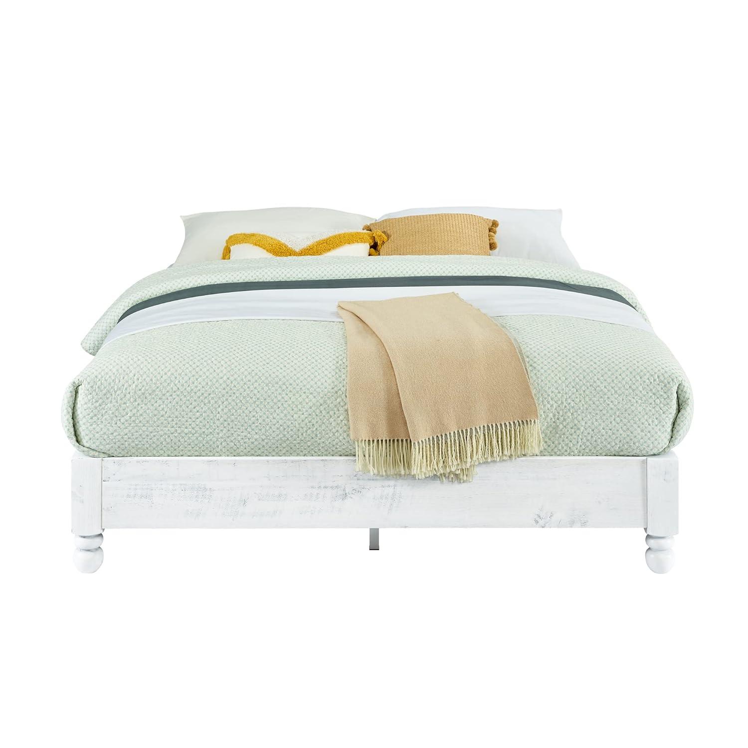 MUSEHOMEINC BF1002WQ 12 Inch Tall Easy Assembly Solid Pine Wood Rustic Platform Bed Frame with Wooden Slat Support, Whitewashed, Queen