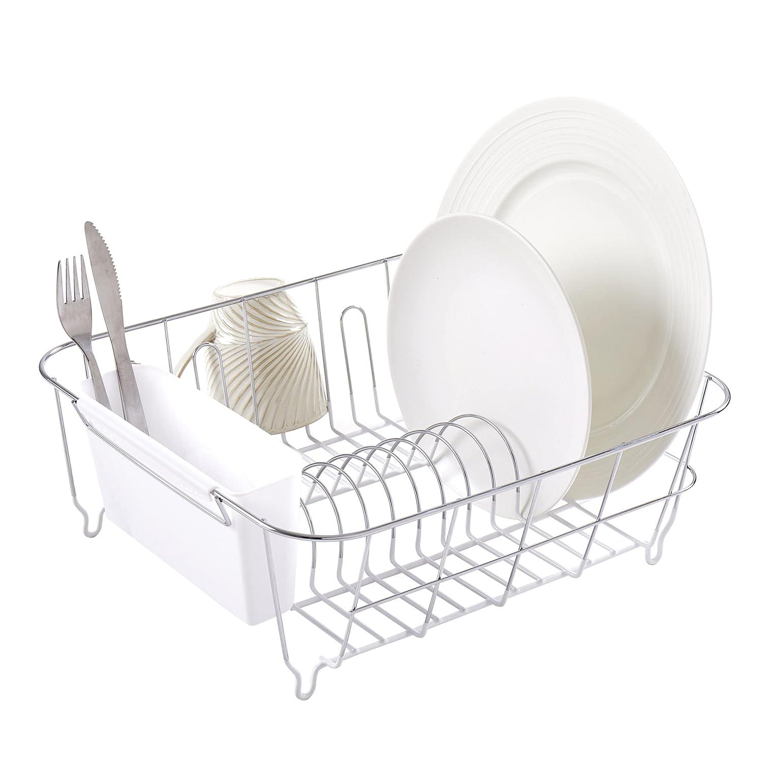 Sweet Home Collection Chrome Plated Steel 2-Piece Compact Dish Drainer with Utensil Caddy