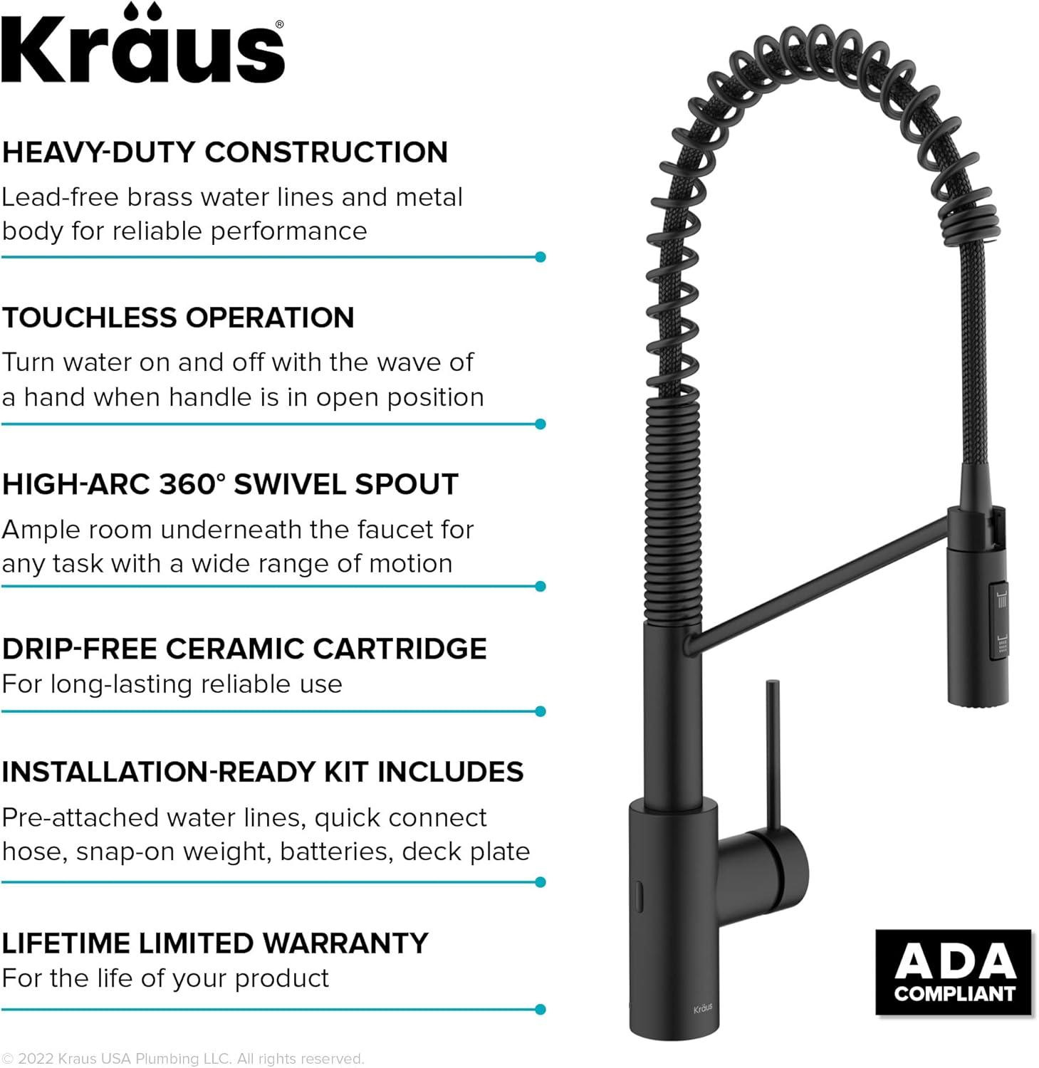 KRAUS Oletto Touchless Sensor Commercial Pull-Down Single Handle Kitchen Faucet with QuickDock Top Mount Assembly