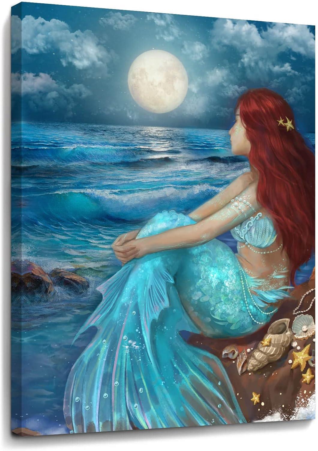 Mermaid Under Moonlight Blue Ocean Canvas Print