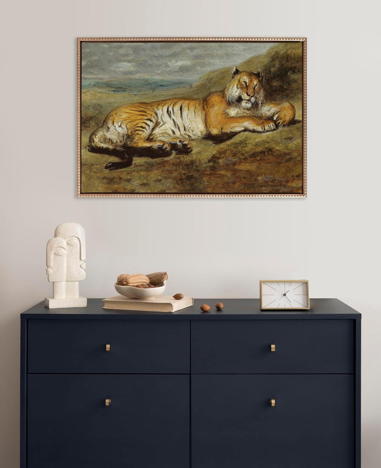 23"x33" Sylvie Beaded Tiger Resting Framed Canvas by The Art Institute of Chicago Gold - Kate & Laurel All Things Decor: Modern Style