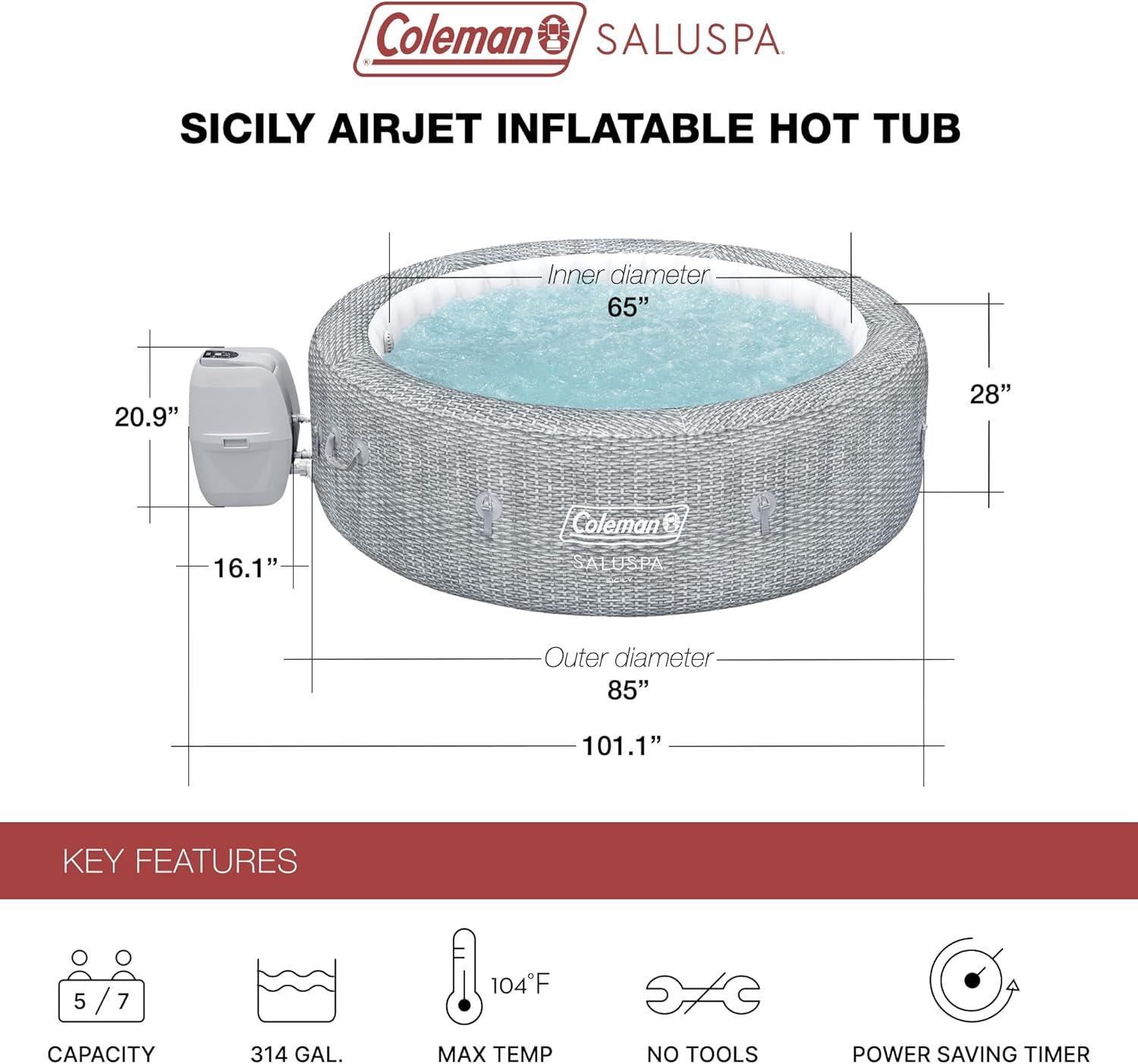 Coleman SaluSpa Sicily AirJet 7 Person Inflatable Hot Tub Round Portable Outdoor Spa with 180 Soothing AirJets and Insulated Cover, Gray