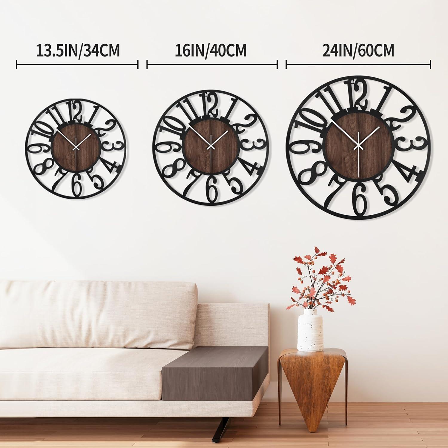 Oversized Black Metal and Wood Silent Wall Clock