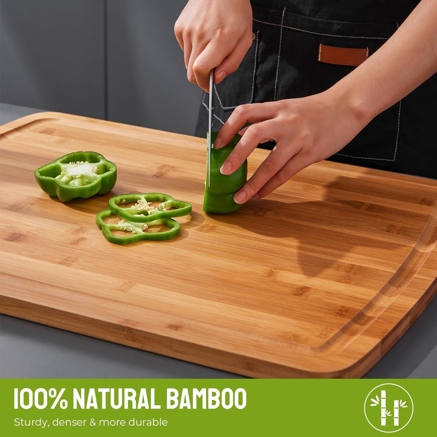 2024 New 24 Inch Extra Large Bamboo Cutting Board for Kitchen, Heavy Duty Wood Kitchen Stovetop Cover Chopping Board with Side Handles and Groove, 100% Organic Bamboo