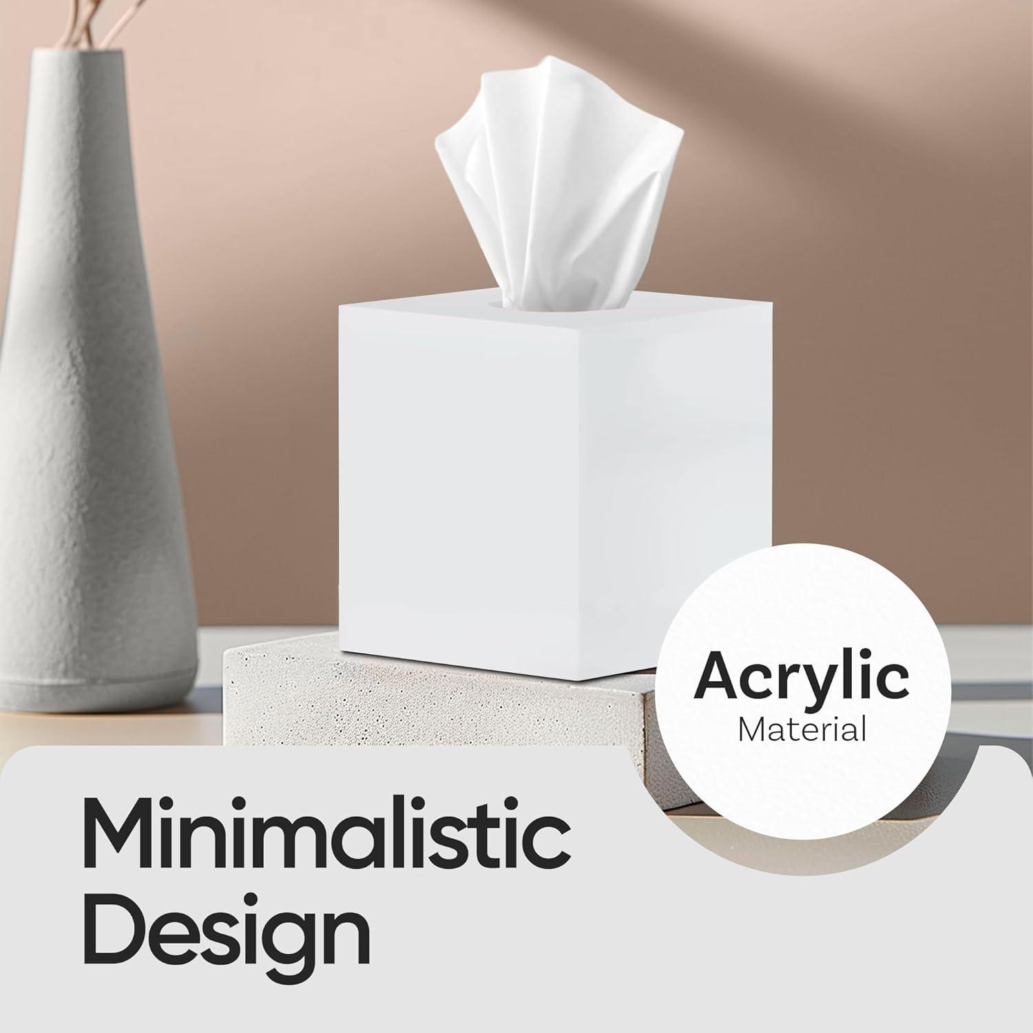 White Tissue Box Cover Square - Plastic Facial Tissue Box Holder - Decorative Cube Tissue Holder Dispenser Fits Any Vanity Countertop, Bedroom Dresser, Office, Bathroom Decor C33