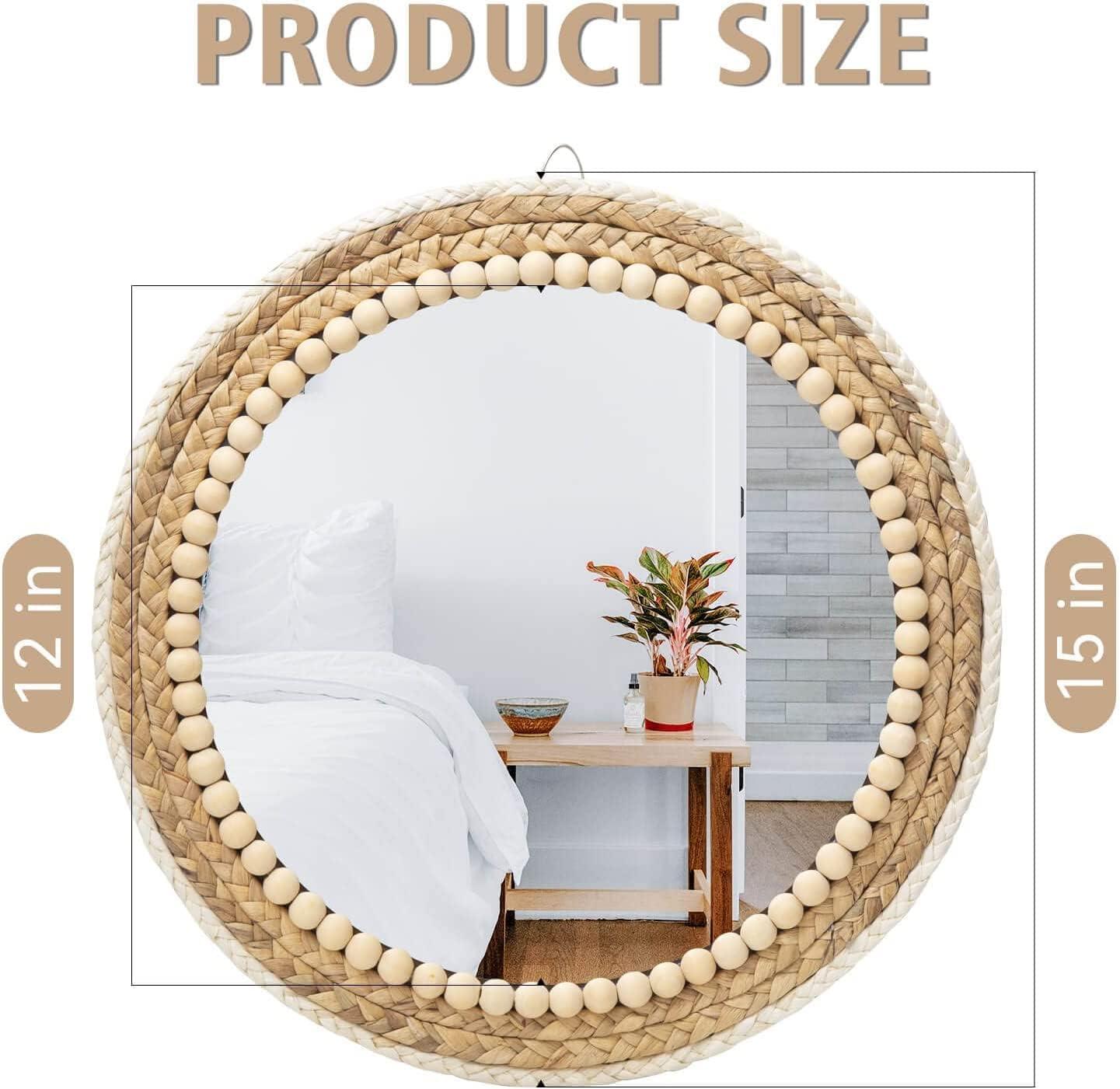 Boho Round Rattan and Wood Bead Wall Mirror, 15 Inch