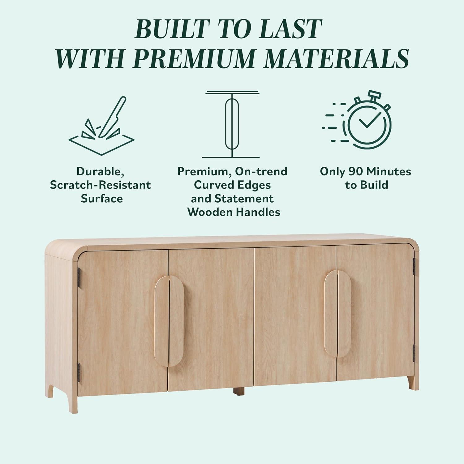 Modern Curved 70" Buffet Sideboard and TV Stand for up to 80" TV Coastal Oak