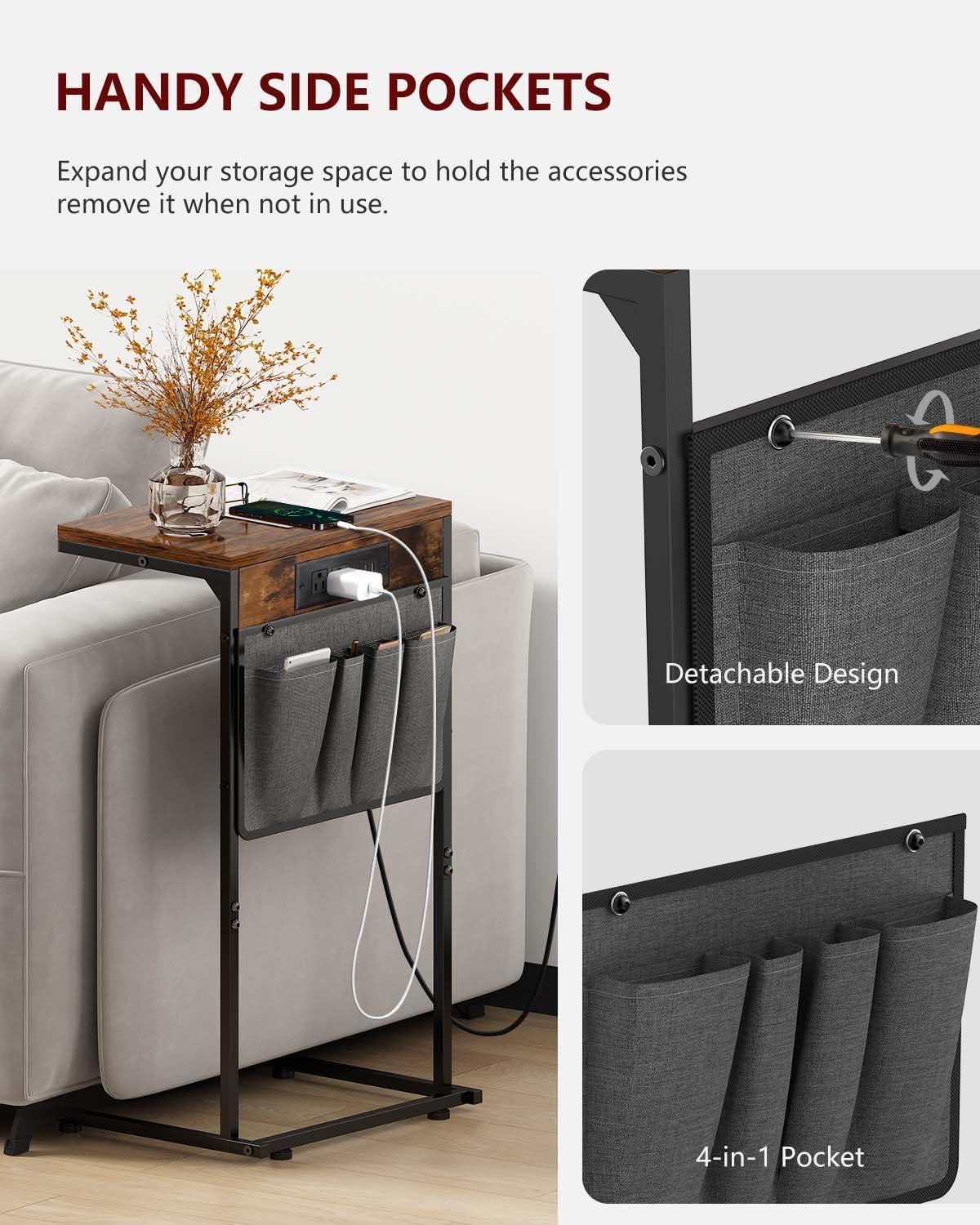 End Table Set of 2 with Charging Station and Storage Bag Side Table Living Room with USB Ports and Outlets Couch Tables That Slide Under, Small Snack Table for Small Spaces Brown