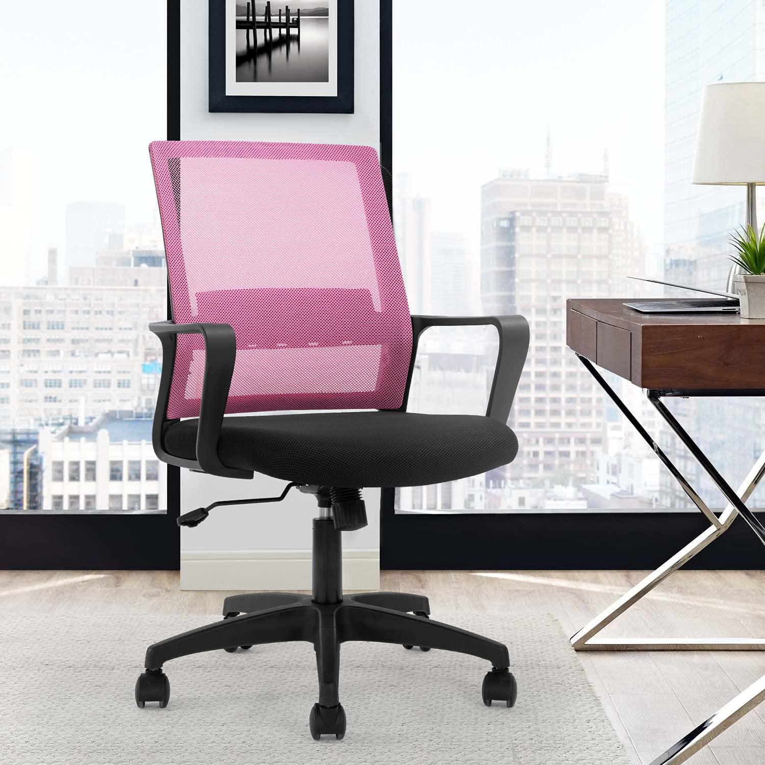 FDW Home Office Chair Mid-Back Mesh Computer Chair Lumbar Support Comfortable Executive Adjustable Chair with Armrests,Pink