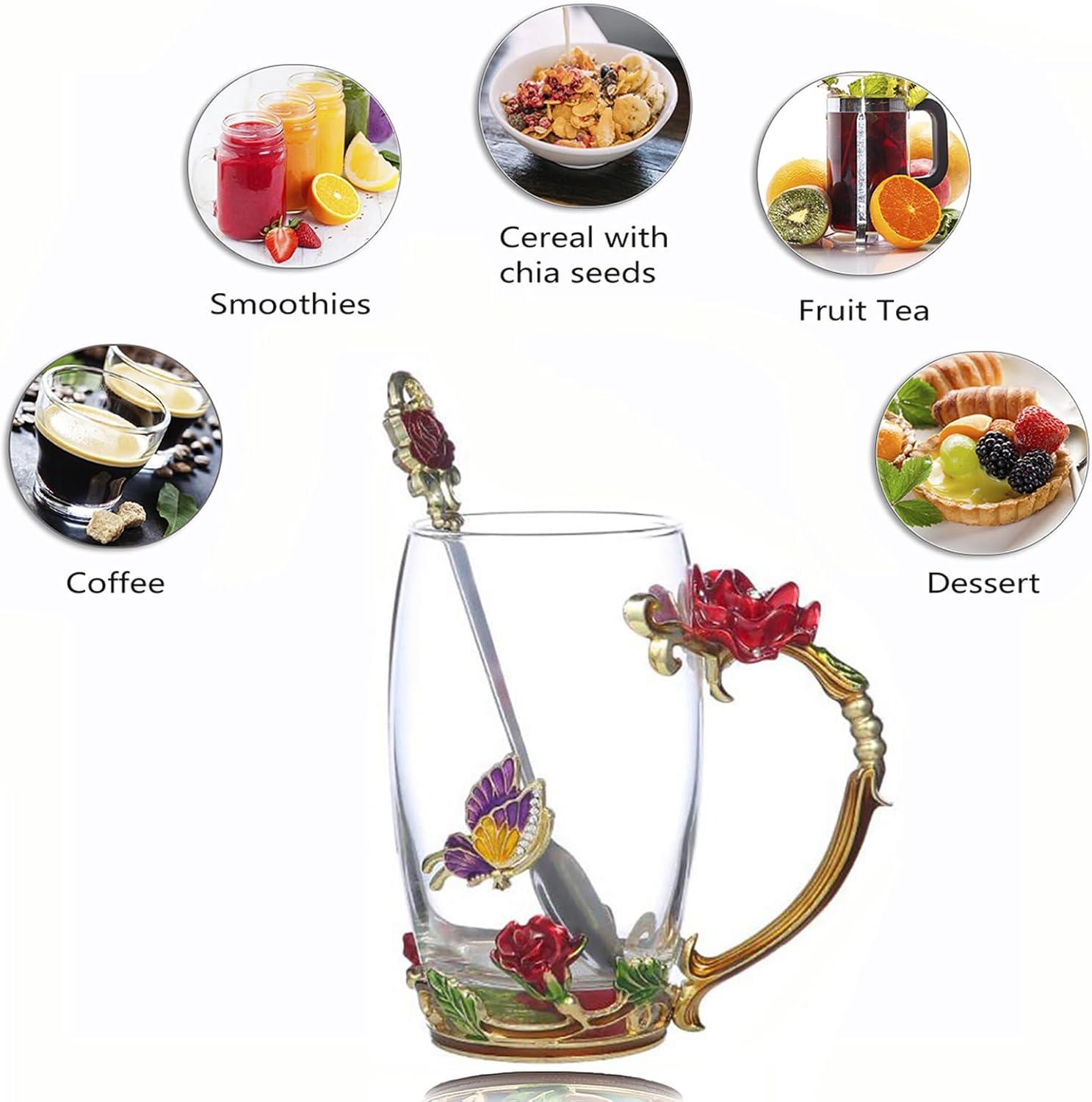 Glass Fancy Tea Cup Set Birthday Christmas Valentine's Day Gift Idea for Tea Lover and Women Novelty Coffee Mugs Rose Flower Enamel Glass Mug with Spoon