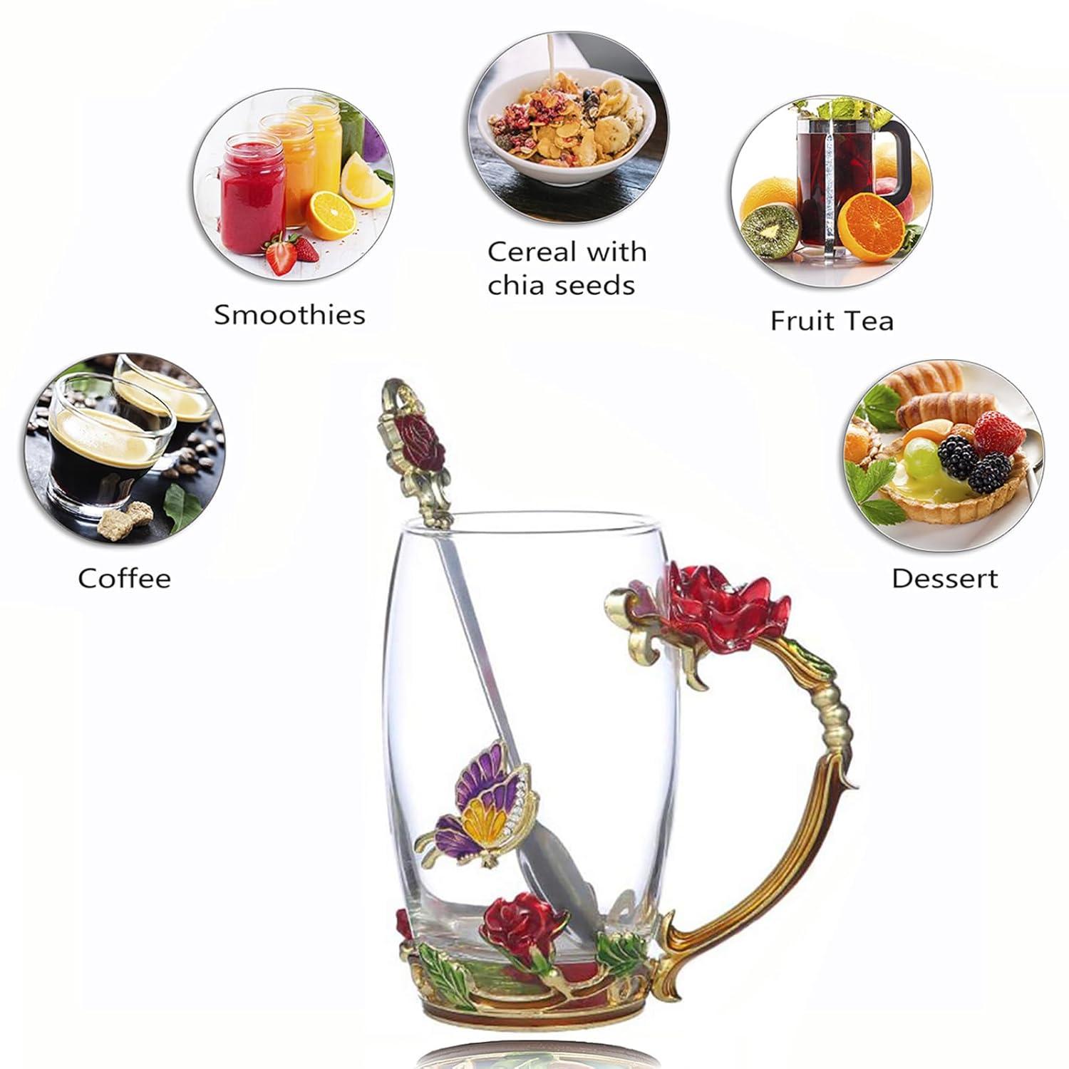 Glass Fancy Tea Cup Set Birthday Christmas Valentine's Day Gift Idea for Tea Lover and Women Novelty Coffee Mugs Rose Flower Enamel Glass Mug with Spoon