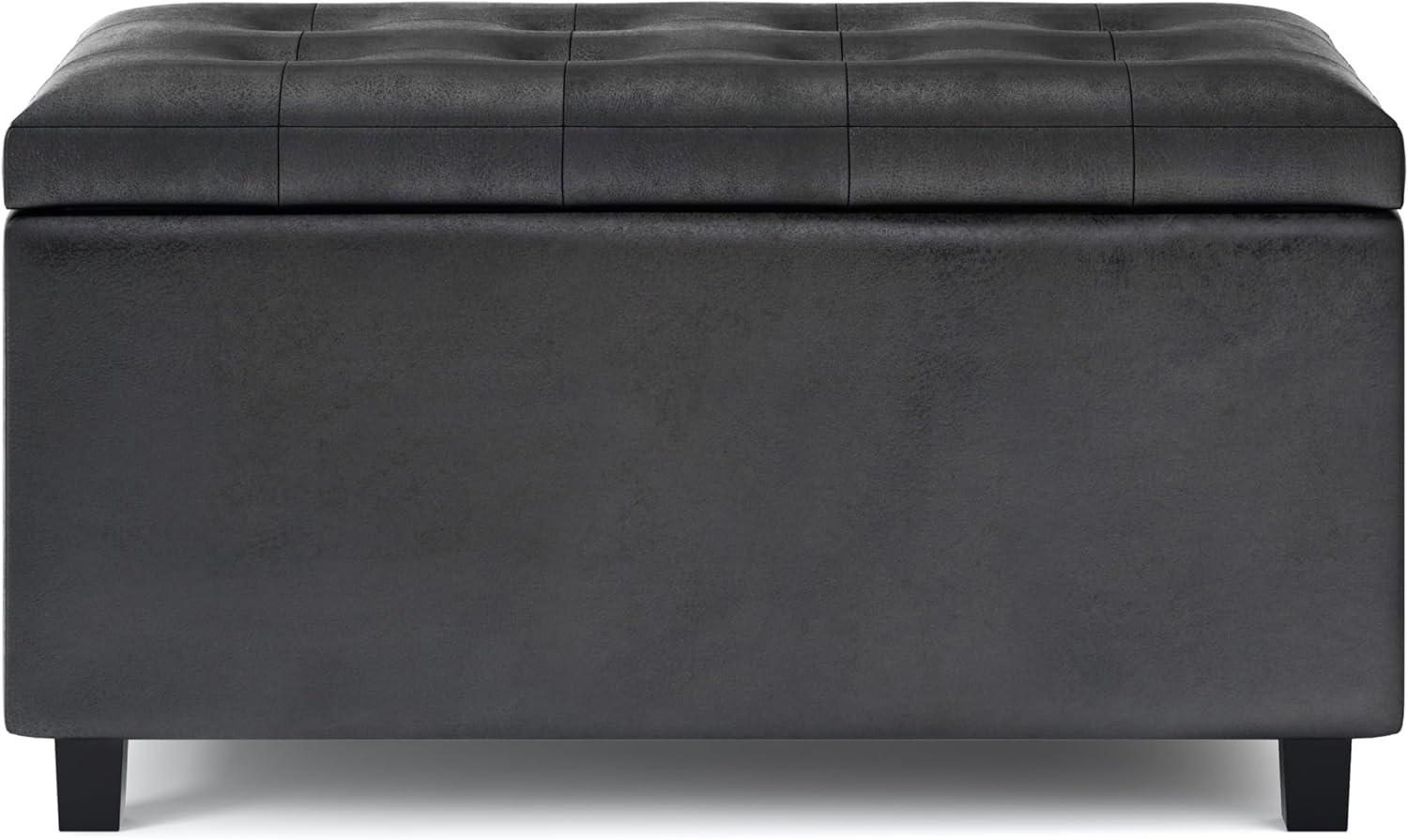 Simpli Home Cosmopolitan 34" Transitional Rectangle Ottoman in Black Faux Leather