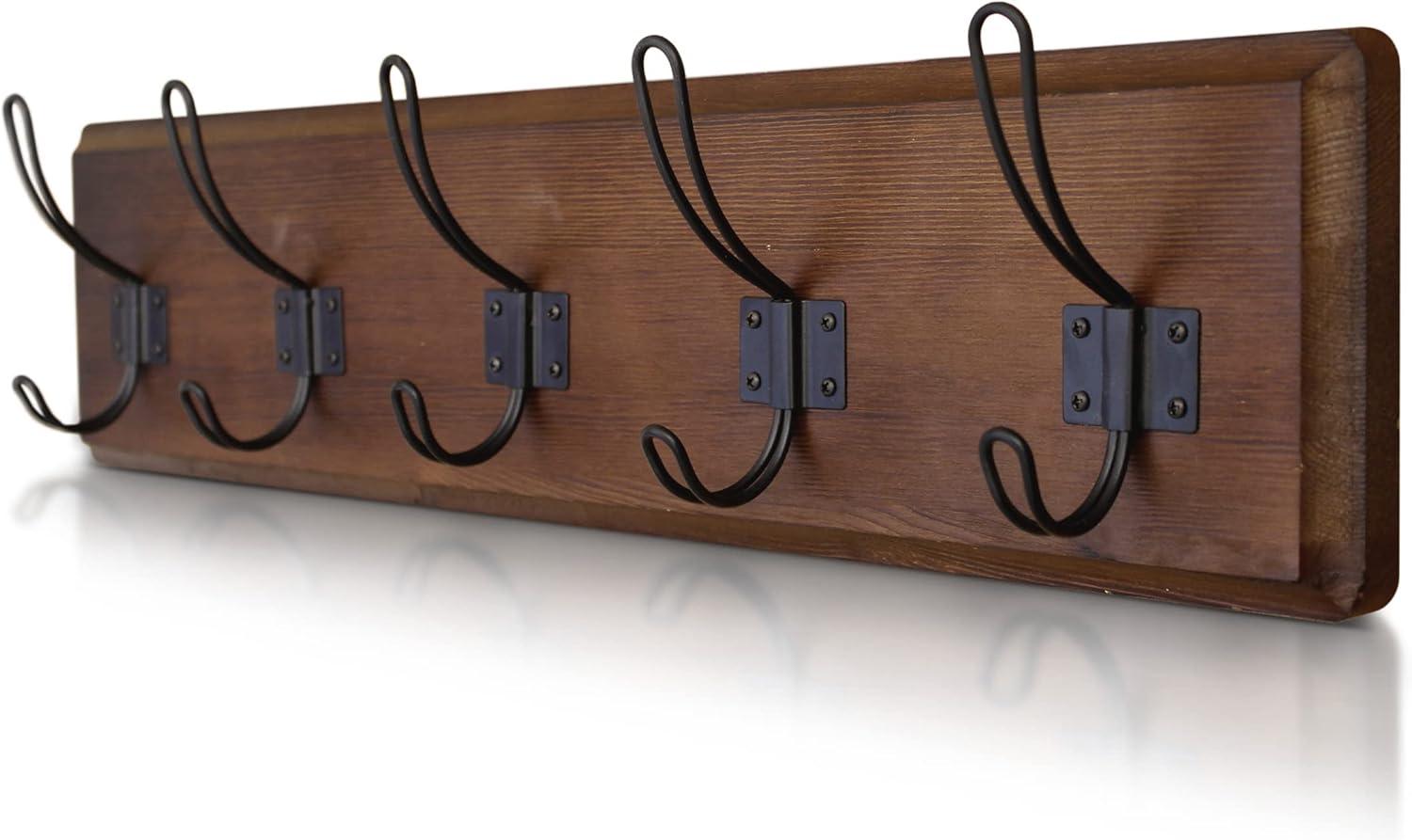 HBCY Creations Rustic Coat Rack with 5 Hooks - Classic Brown Wall Mount 24" Coat Rack - Solid Pine Wood Entryway Hanger - Farmhouse Coat Rack for Kitchen, Bedroom