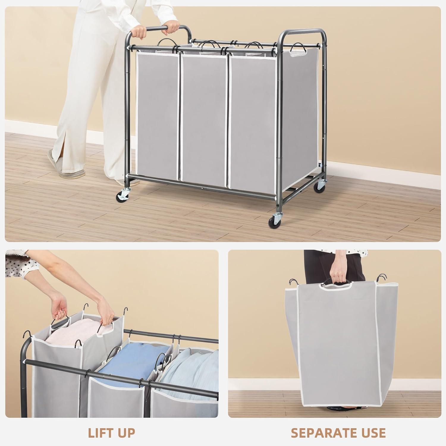 Gray 3-Bag Laundry Sorter with Wheels and Metal Frame