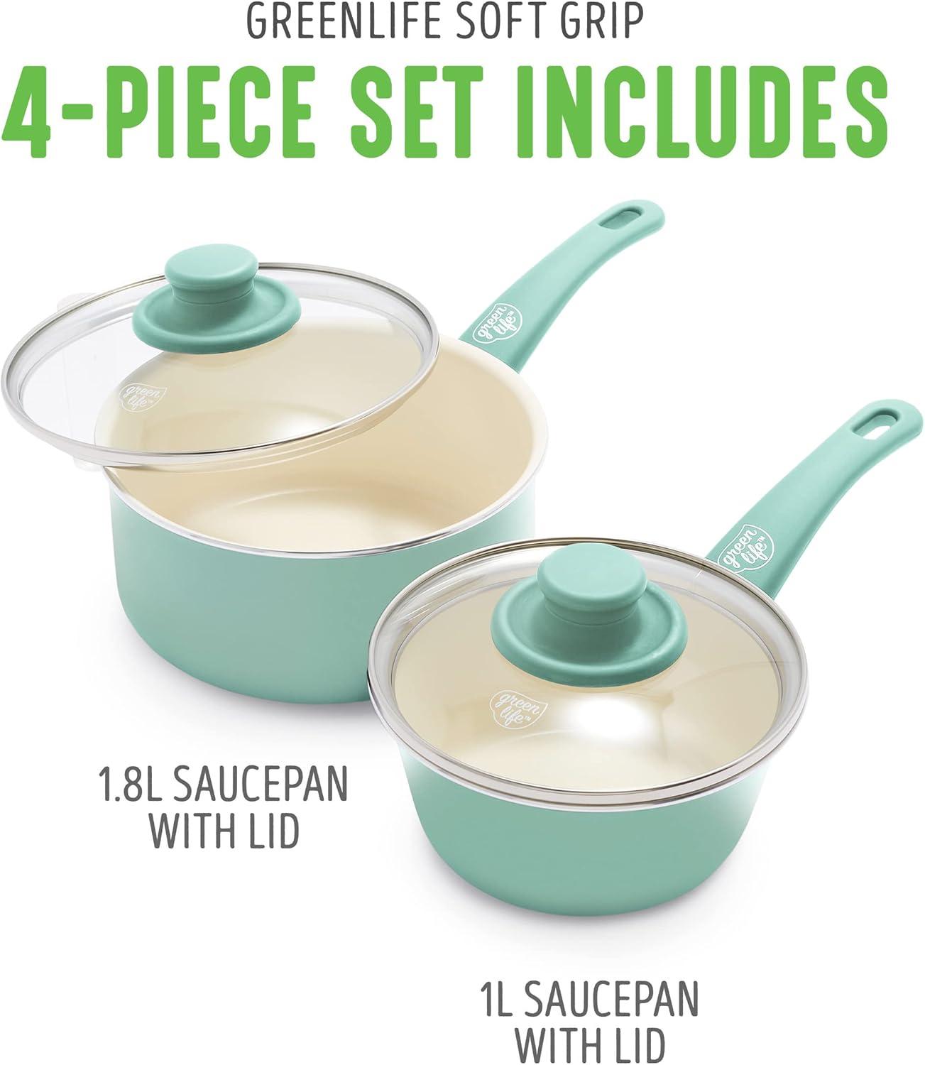 GreenLife GreenLife Soft Grip Healthy Ceramic Nonstick, 1QT And 2QT Saucepan Pot Set With Lids, Dishwasher Safe