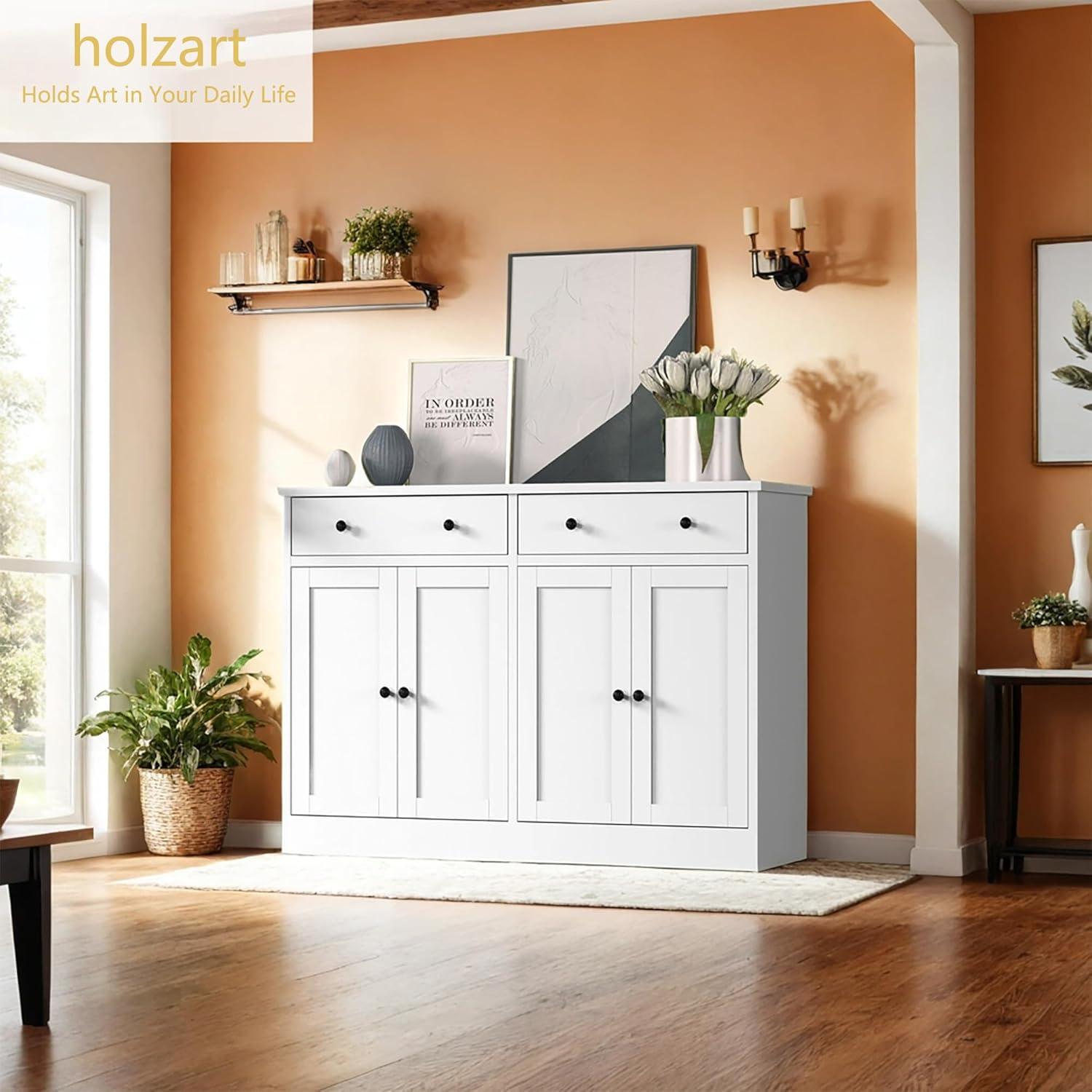 White Modern Buffet Storage Cabinet with 4 Doors and Drawers