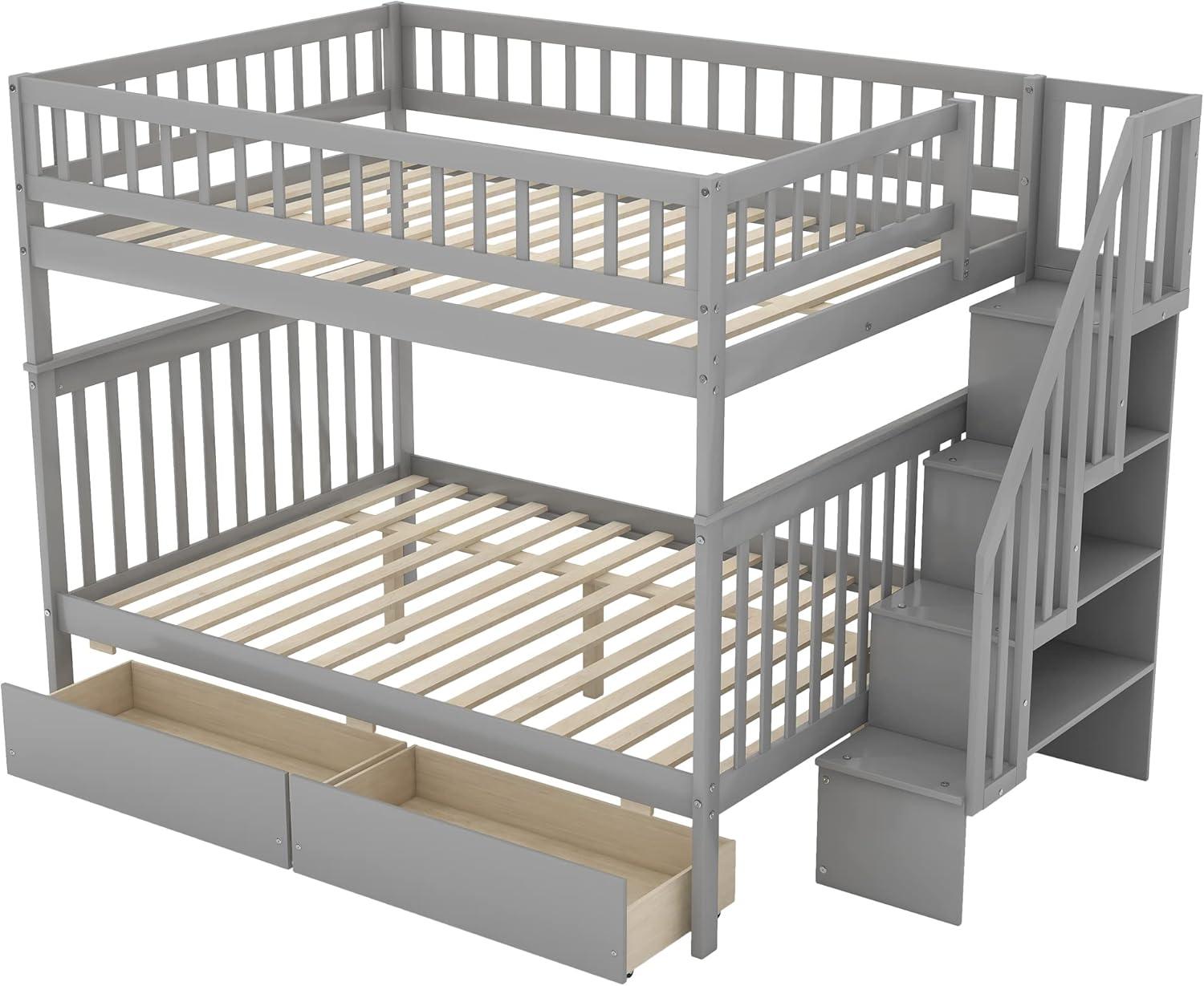 Full Over Full Bunk Beds with Drawers and Stairs Stairway Bunk Bed Frame with Storage Shelves for Kids Teens Adult, Wood Full Bunk Bed for Boys Girls Adults, Gray