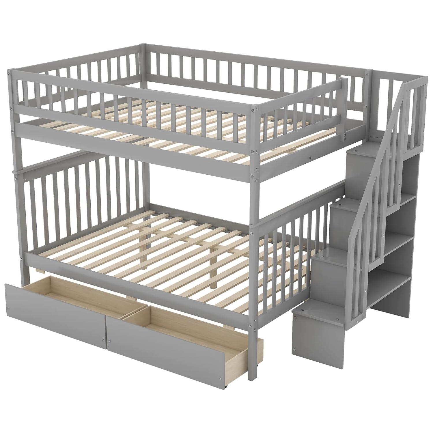 Full Over Full Bunk Beds with Drawers and Stairs Stairway Bunk Bed Frame with Storage Shelves for Kids Teens Adult, Wood Full Bunk Bed for Boys Girls Adults, Gray