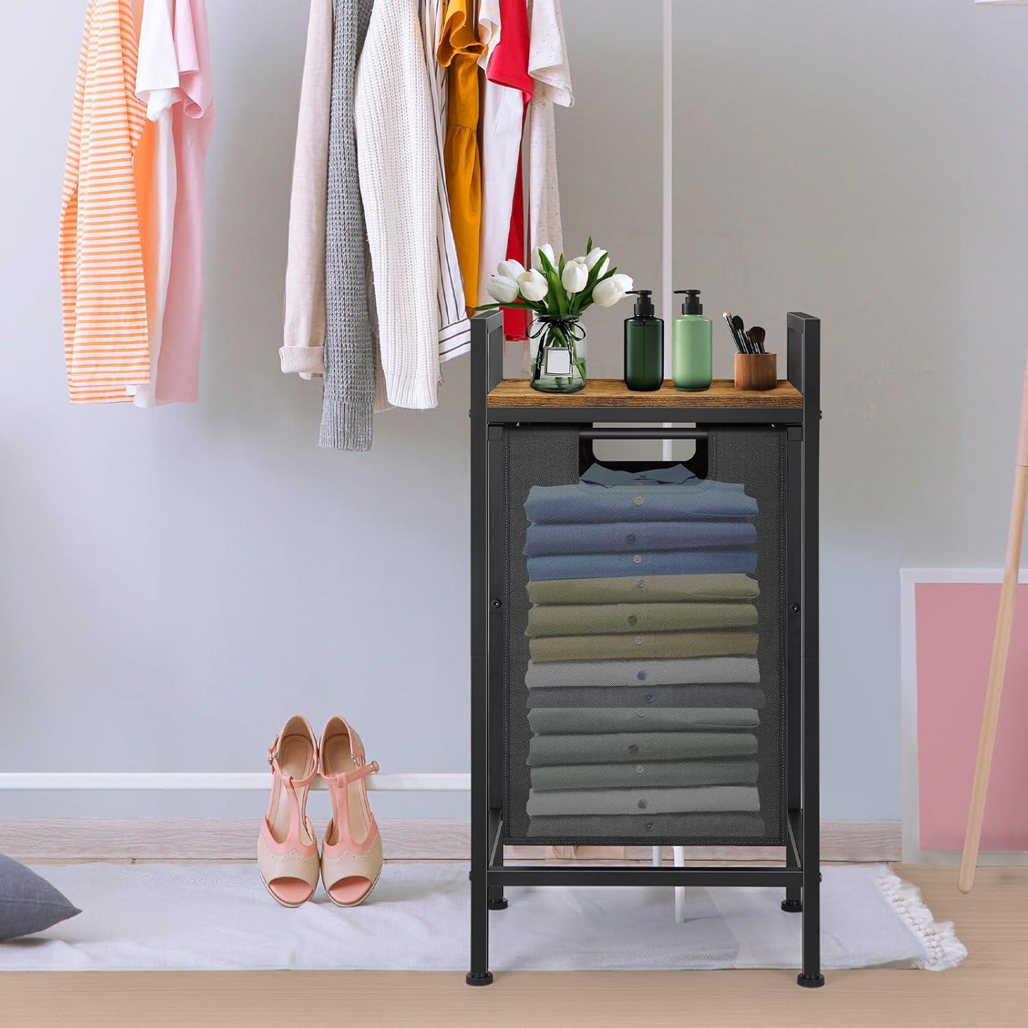 Rustic Brown and Black Metal Frame Laundry Sorter with Shelf