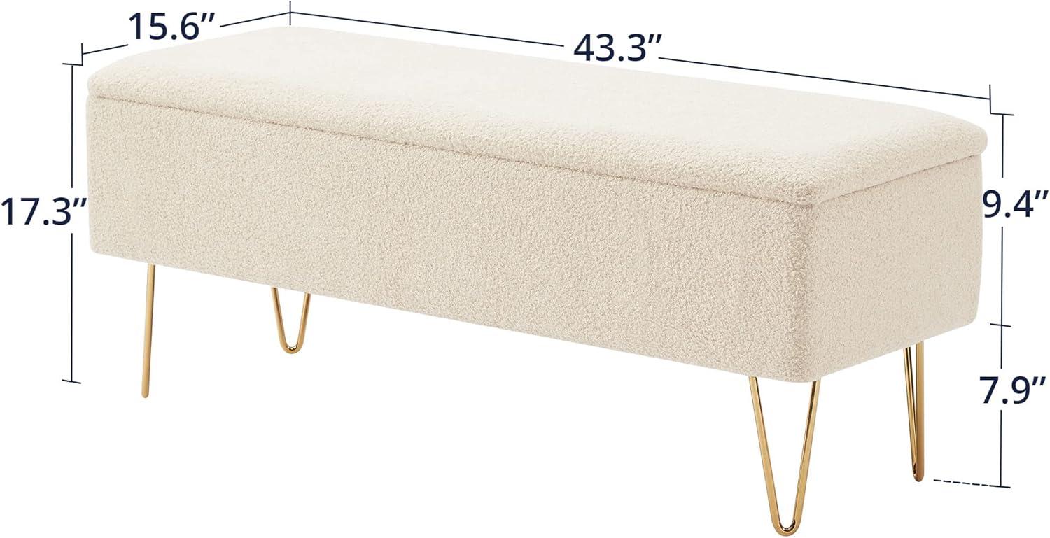 White Sherpa Upholstered Storage Bench with Gold Hairpin Legs