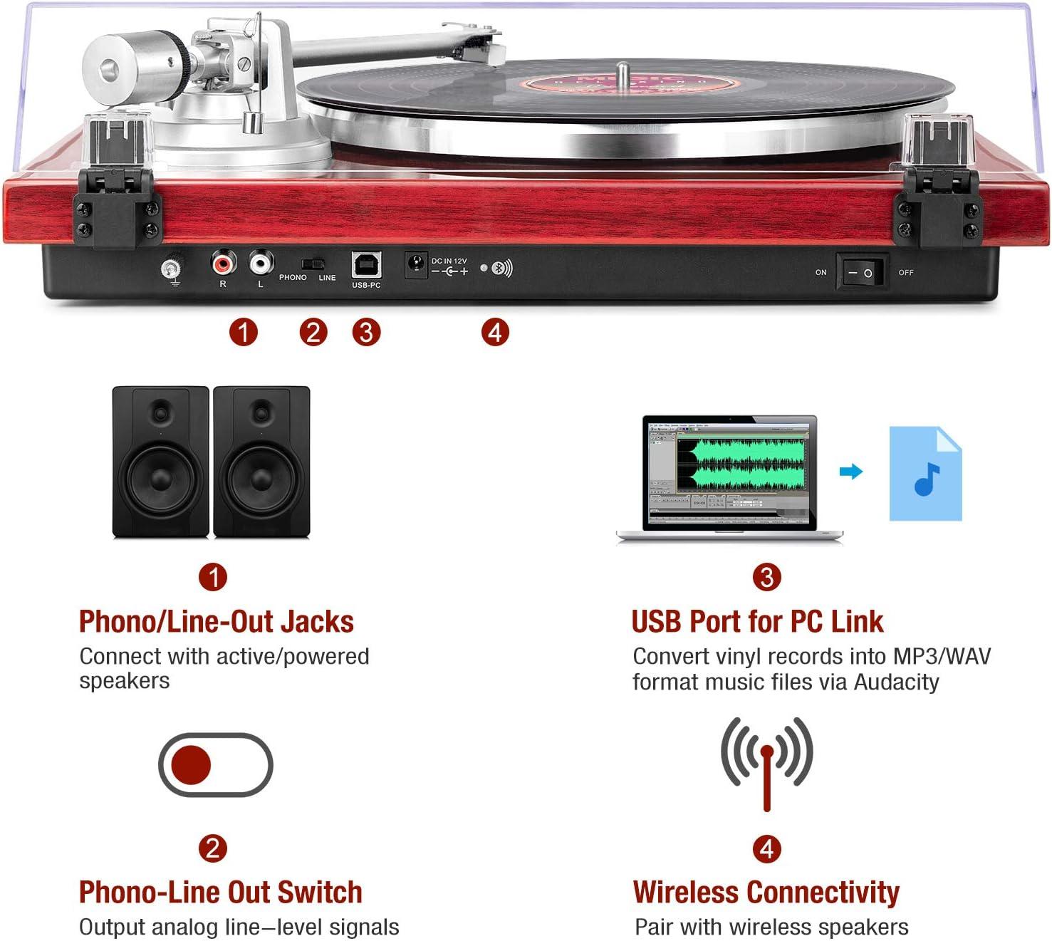 Red Belt-Drive Turntable with USB and Bluetooth Connectivity