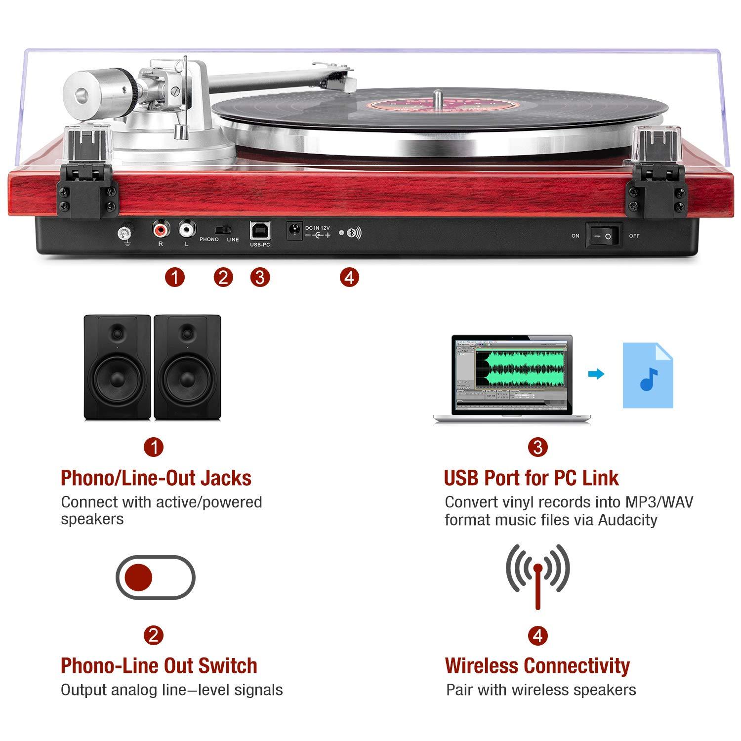 Vinyl Record Player Belt-Drive Turntable for Vinyl Records with Bluetooth Connectivity, USB Digital Output, Magnetic Cartridge & Adjustable Counterweight, AT-3600L, 33 or 45 RPM, M485-Red
