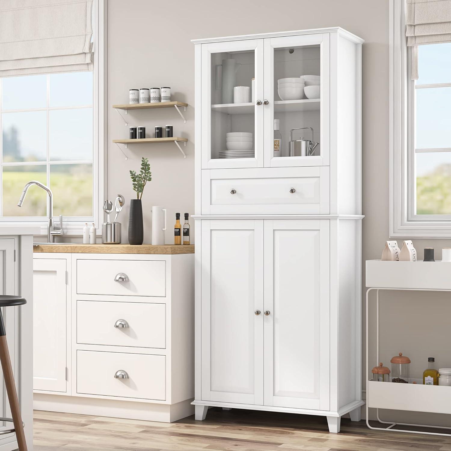 76'' White Freestanding Kitchen Pantry Cabinet with Glass Doors