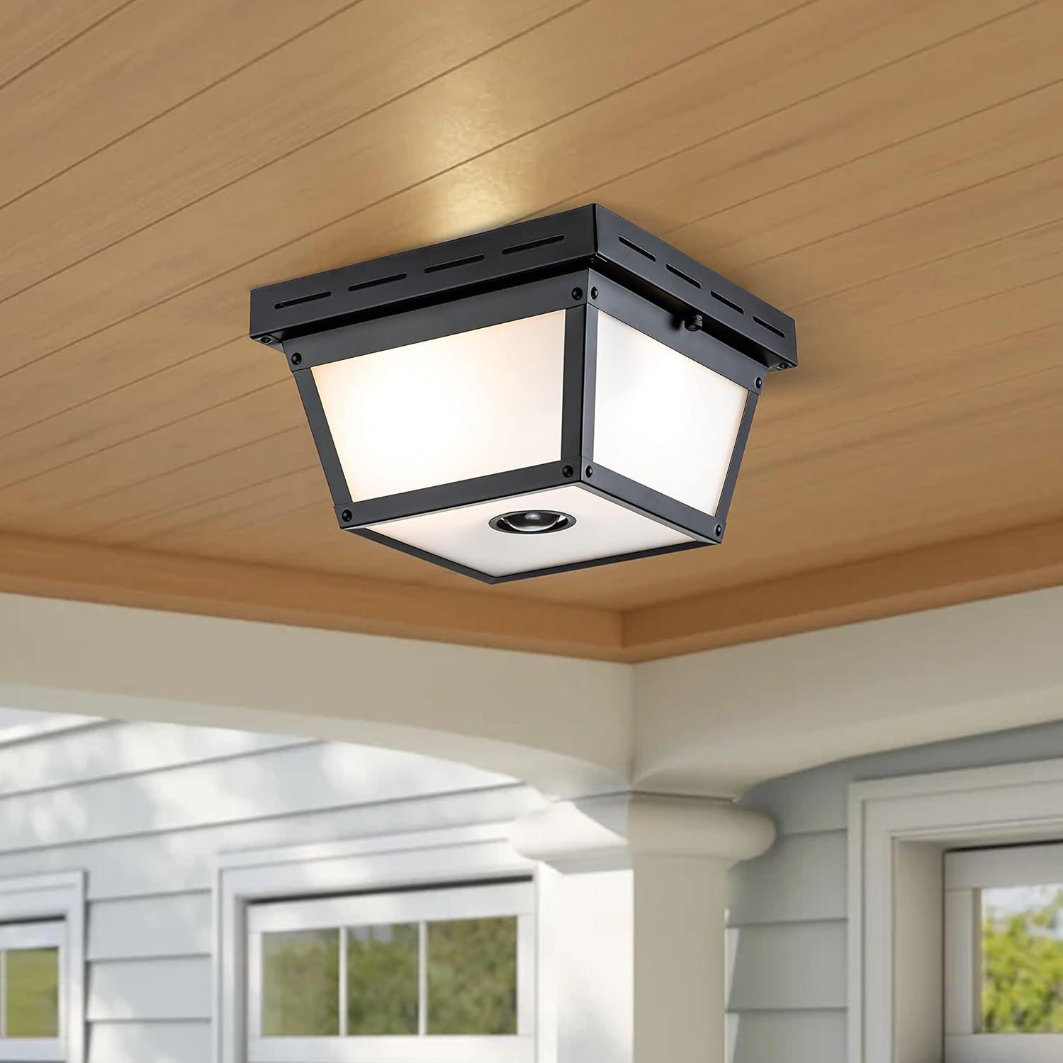 C Cattleya  2-Light Motion Sensor Outdoor Flush Mount Ceiling Light with White Textured Glass