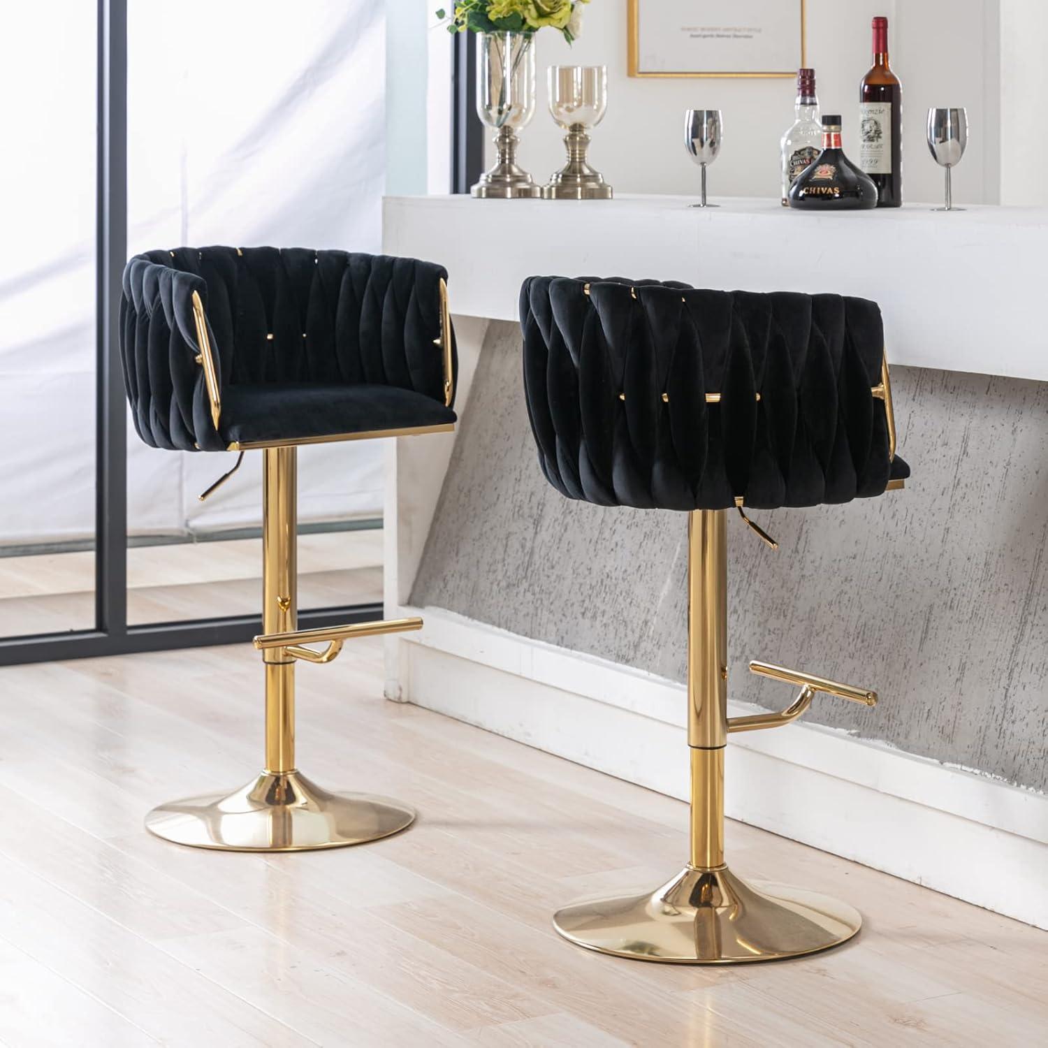 Velvet Bar Stools Set of 2, Counter Height Bar Stools with Low Back, Gold Swivel Barstools for Kitchen Island, Bar Pub (Grey)