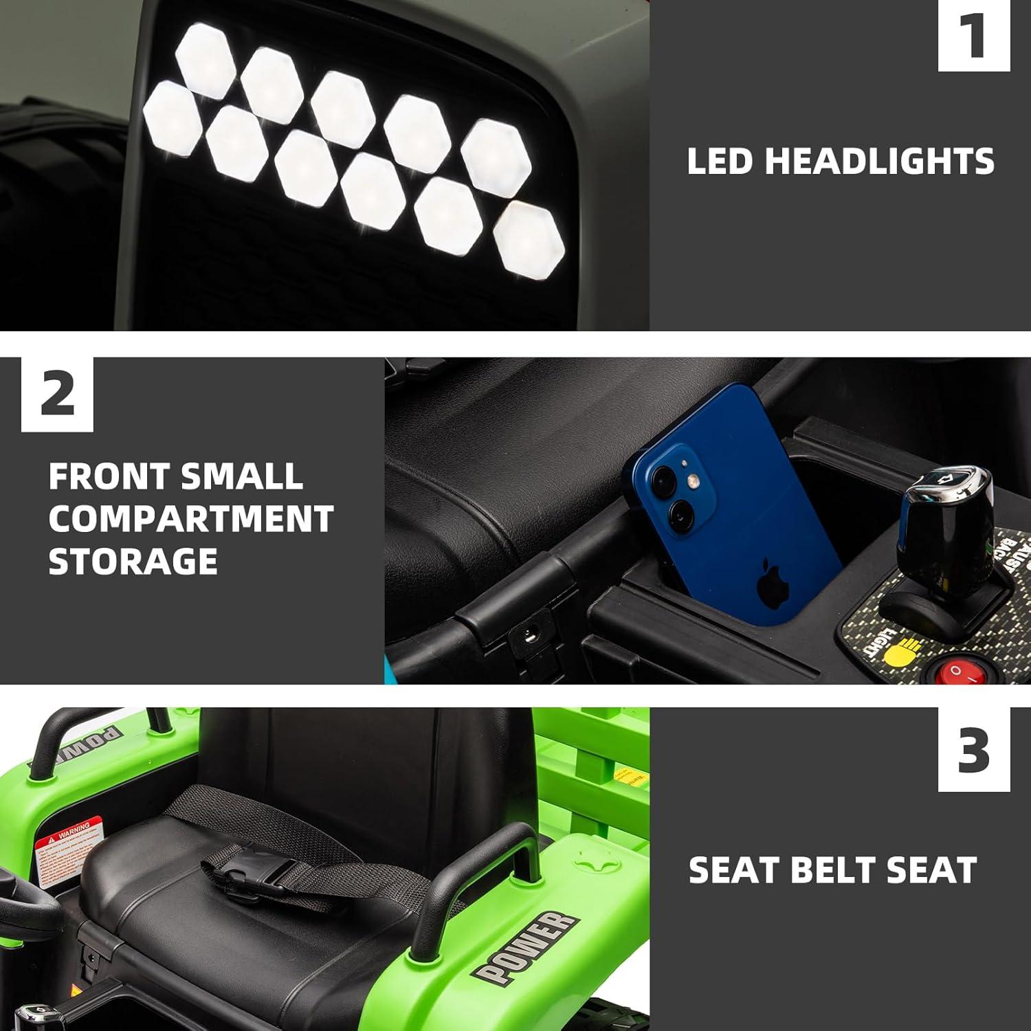 24V 400W Powered Electric Tractor for Kids, 3-Speed Ride On Tractor with Remote Control, USB/MP3/Bluetooth, LED Lights, Safety Belt, 1.86-4.97 MPH，Green