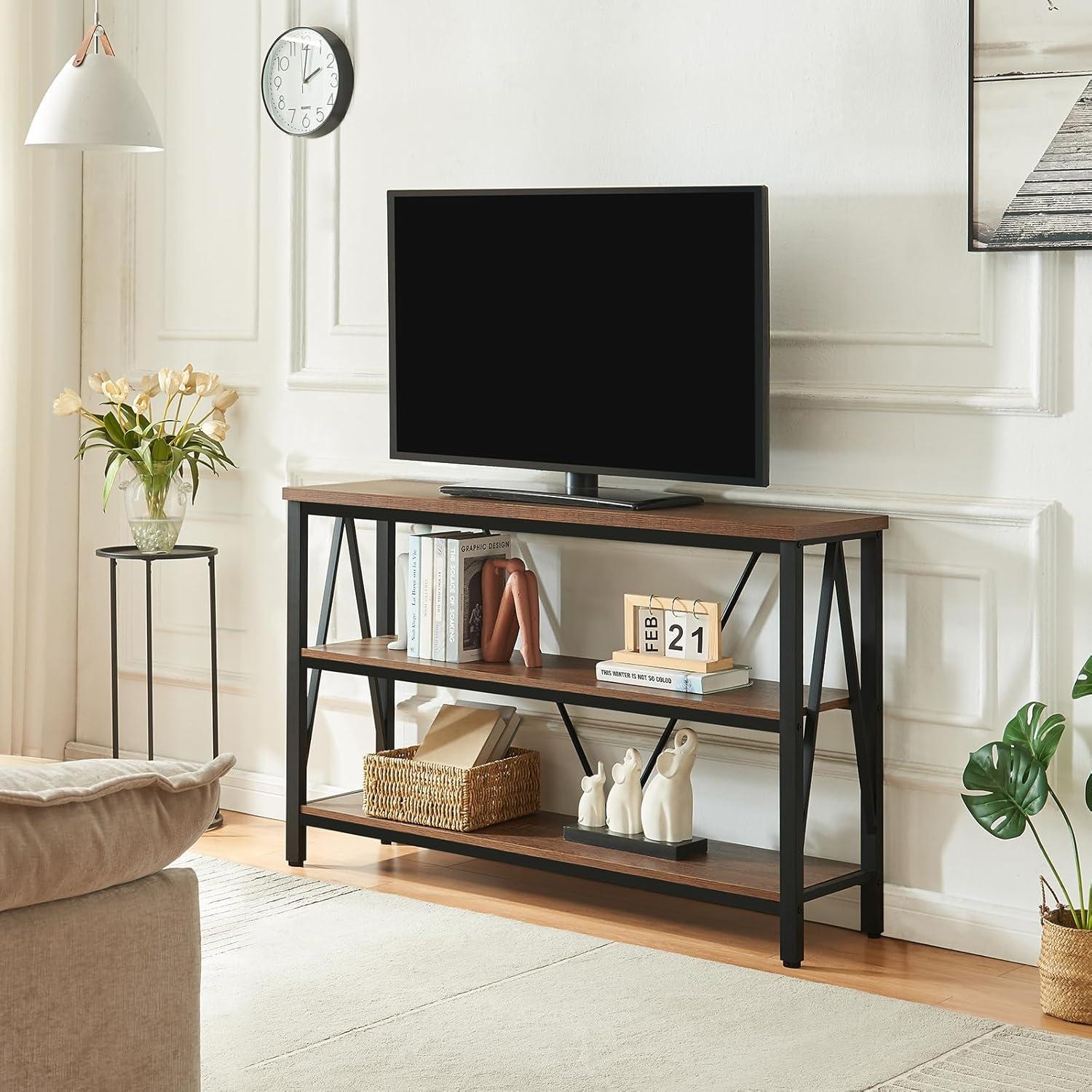 Rustic Brown Wood and Metal 3-Tier Console Table with Storage