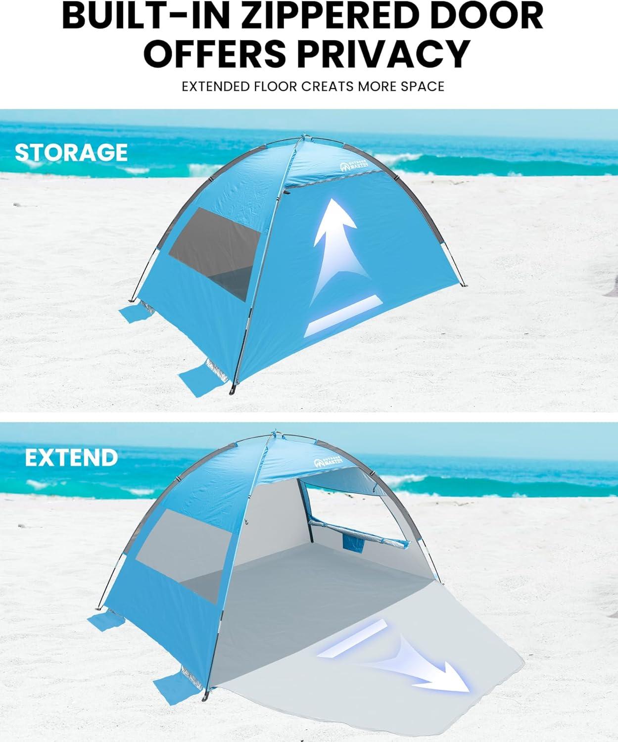 OutdoorMaster Beach Tent Sun Shelter with 2 Ventilated Doors, UPF50+ Easy Setup Beach Tent Canopy for 3 Person, Lightweight & Portable Family Beach Umbrellas for Sand with Carrying Bag - Blue