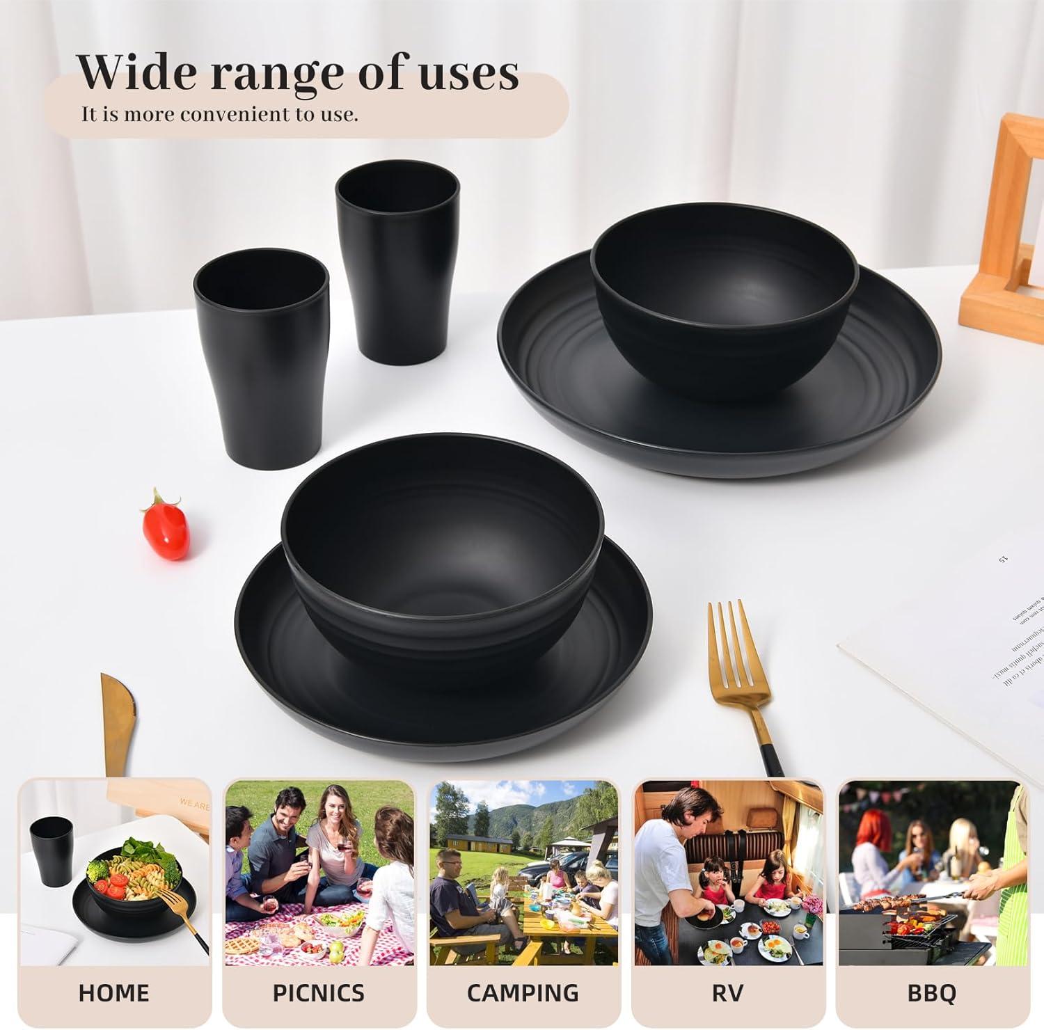 32 Pcs Wheat Straw Dinnerware Sets,Plastic Plates and Bowls Sets for 8,Unbreakable Dinnerware Set,Reusable Lightweight Black Dish Set for Kitchen,Camping,Party,RV,Dishwasher Microwave Safe