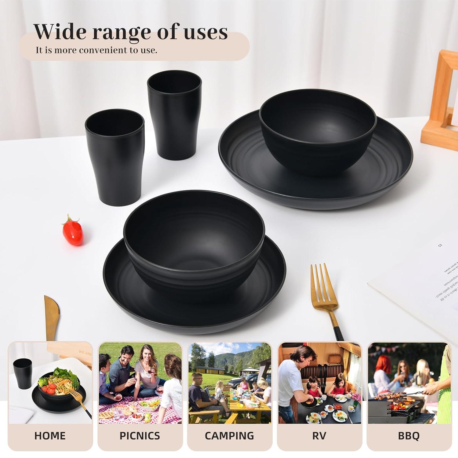 32 Pcs Wheat Straw Dinnerware Sets,Plastic Plates and Bowls Sets for 8,Unbreakable Dinnerware Set,Reusable Lightweight Black Dish Set for Kitchen,Camping,Party,RV,Dishwasher Microwave Safe