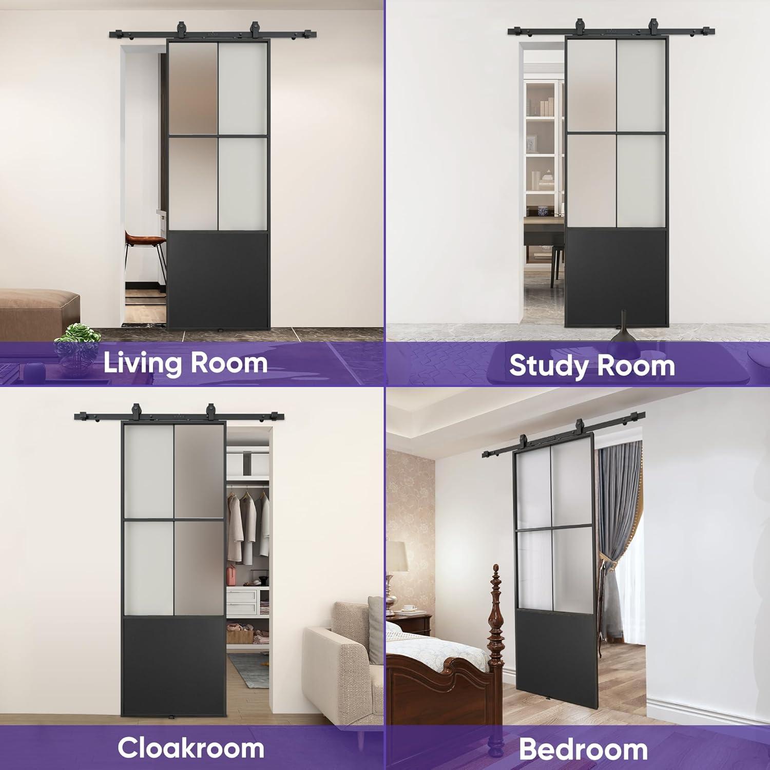 TREEBLING 84" Metal and Glass Sliding Barn Door with Two-Way Soft Close and Installation Hardware Kit