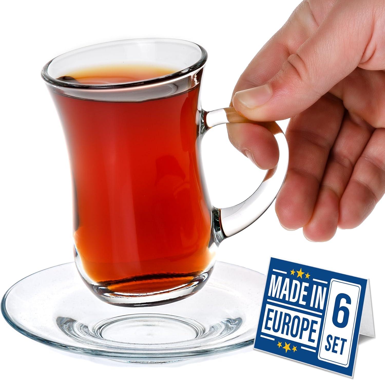 Crystalia Small Turkish Tea Set, Clear Glass Cups with Handle, 6 Cups&6 Saucers, 3.2 oz