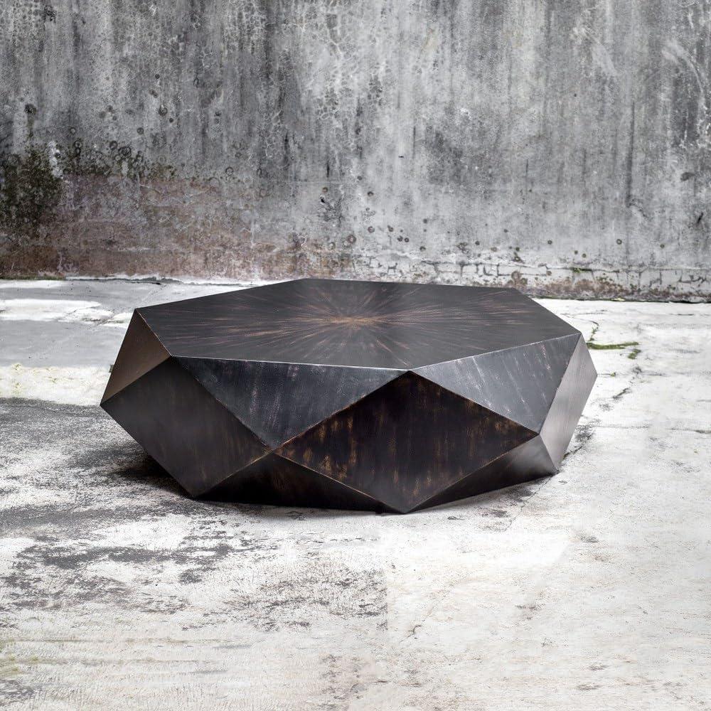 Geometric Worn Black Mango Wood Round Coffee Table