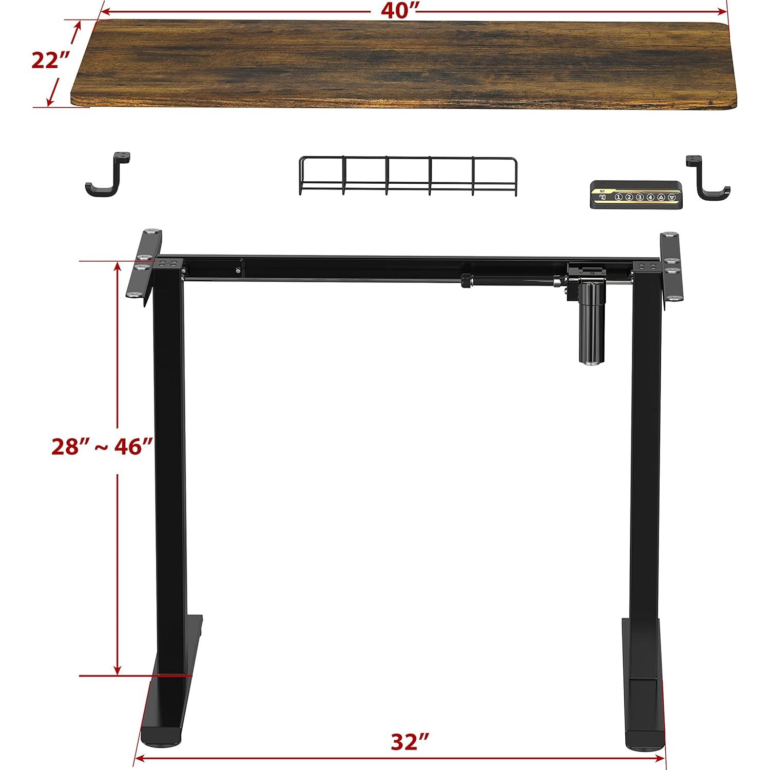 SHW 40 x 22 Inches Electric Height Adjustable Sit to Stand Desk with Hanging Hooks and Cable Management, Black Frame and Rustic Brown Top