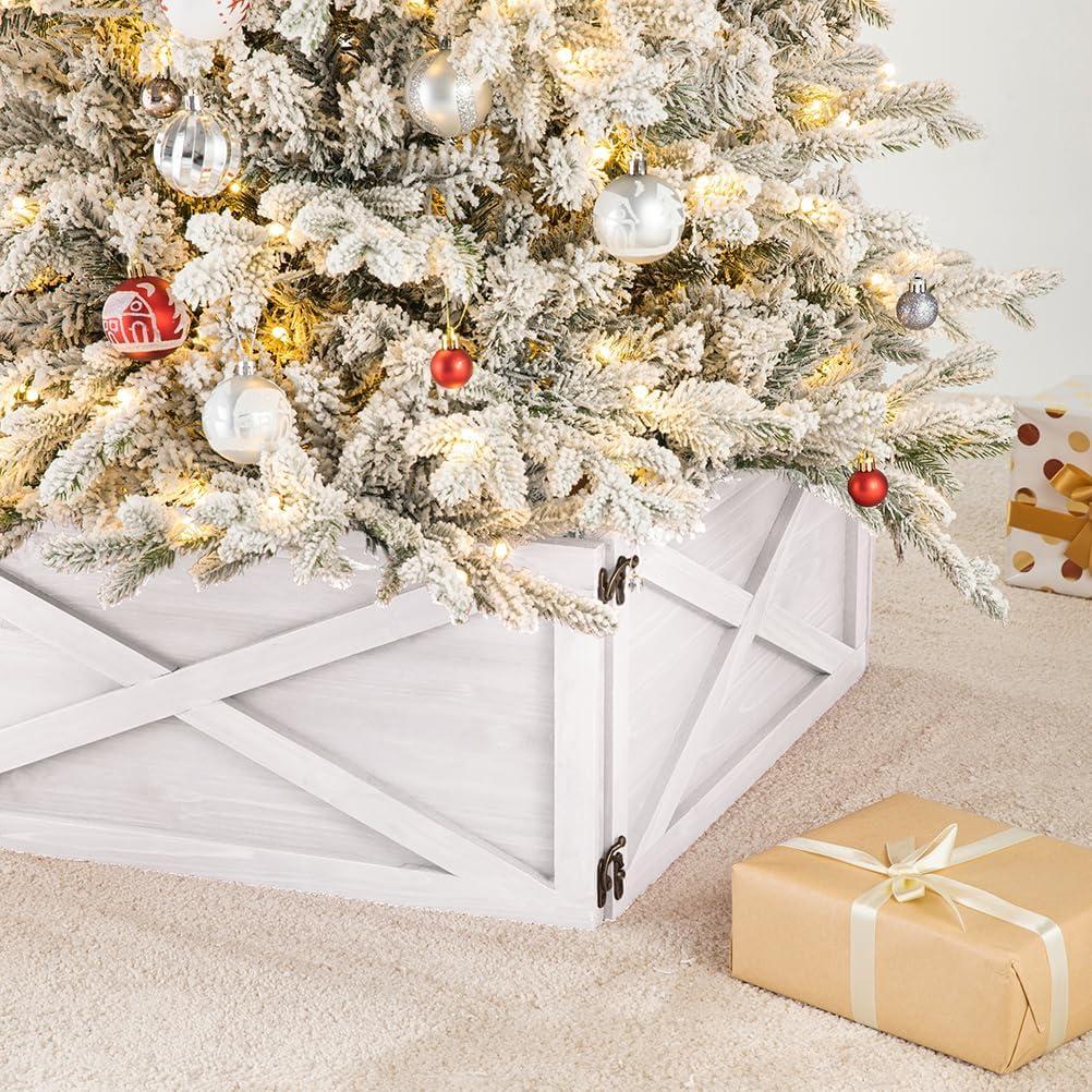 Perfnique 22'' Christmas Tree Collar, Durable Wood Christmas Tree Base, Handmade Christmas Tree Box Stand, Tree Stand Cover for Morden Farmhouse Home Party, Christmas Decorations (White)