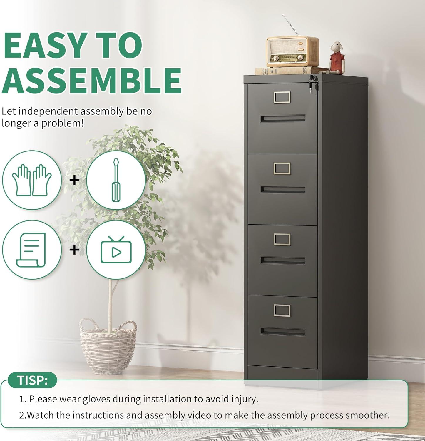 Black Vertical 4 Drawer Lockable Metal File Cabinet