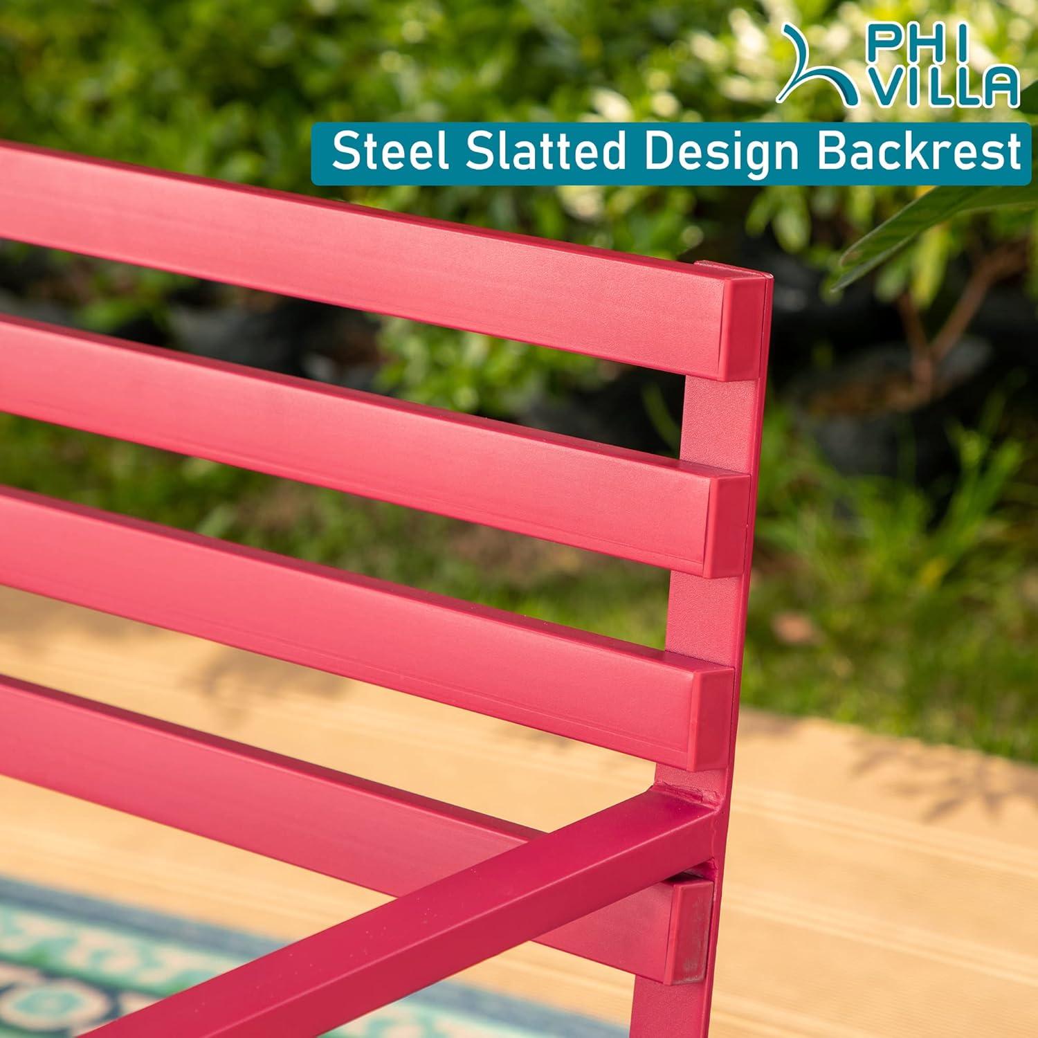 PHI VILLA Outdoor Garden Bench, 48” Long Metal Steel Bench with Backrest and Armrests, Modern Slatted Design for Patio, Lawn, Yard, Porch - Red