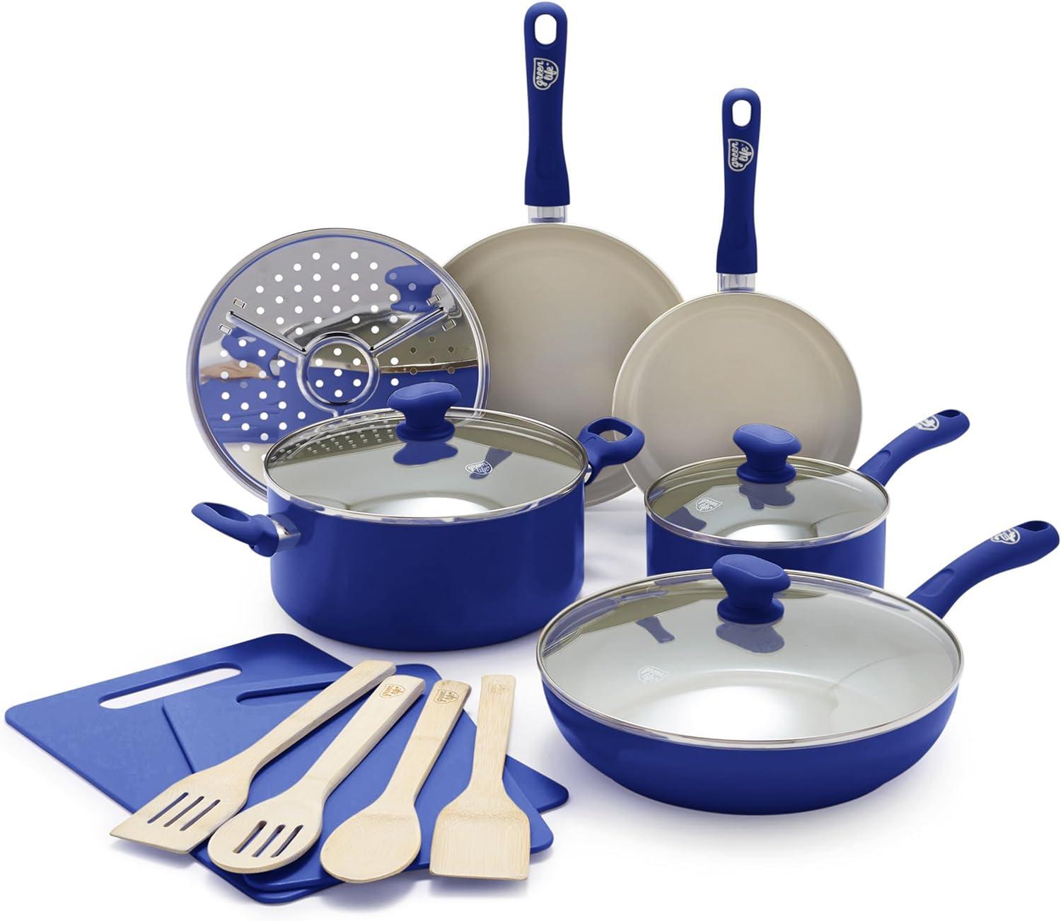 Blue 15-Piece Aluminum Nonstick Cookware Set with Glass Lids