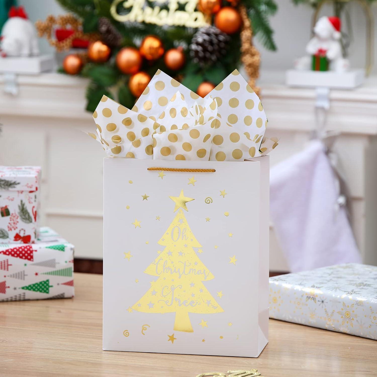 UNIQOOO 12Pcs Large White & Metallic Gold Foil Gift Bags, 4 Assorted Xmas Tree Snowflake Designs, Perfect for Christmas Thanksgiving New Year Party Favor