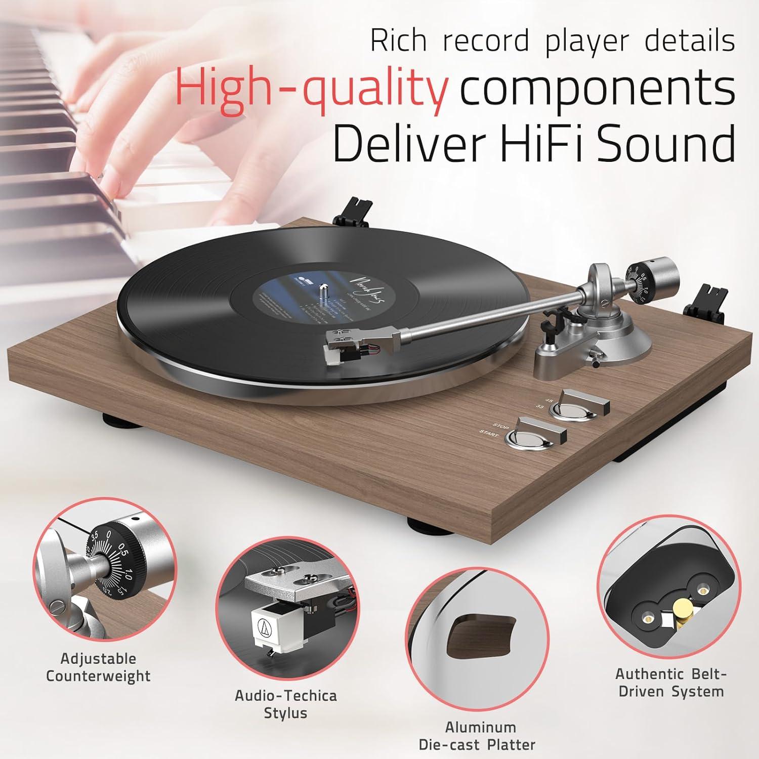 Turntables Record Player with Wireless Output Connectivity Vinyl Player Belt-Drive Support 33 45 RPM Speed Phono Line USB Digital to PC Recording with Advanced MM Cartridge ATN3600L Light Brown