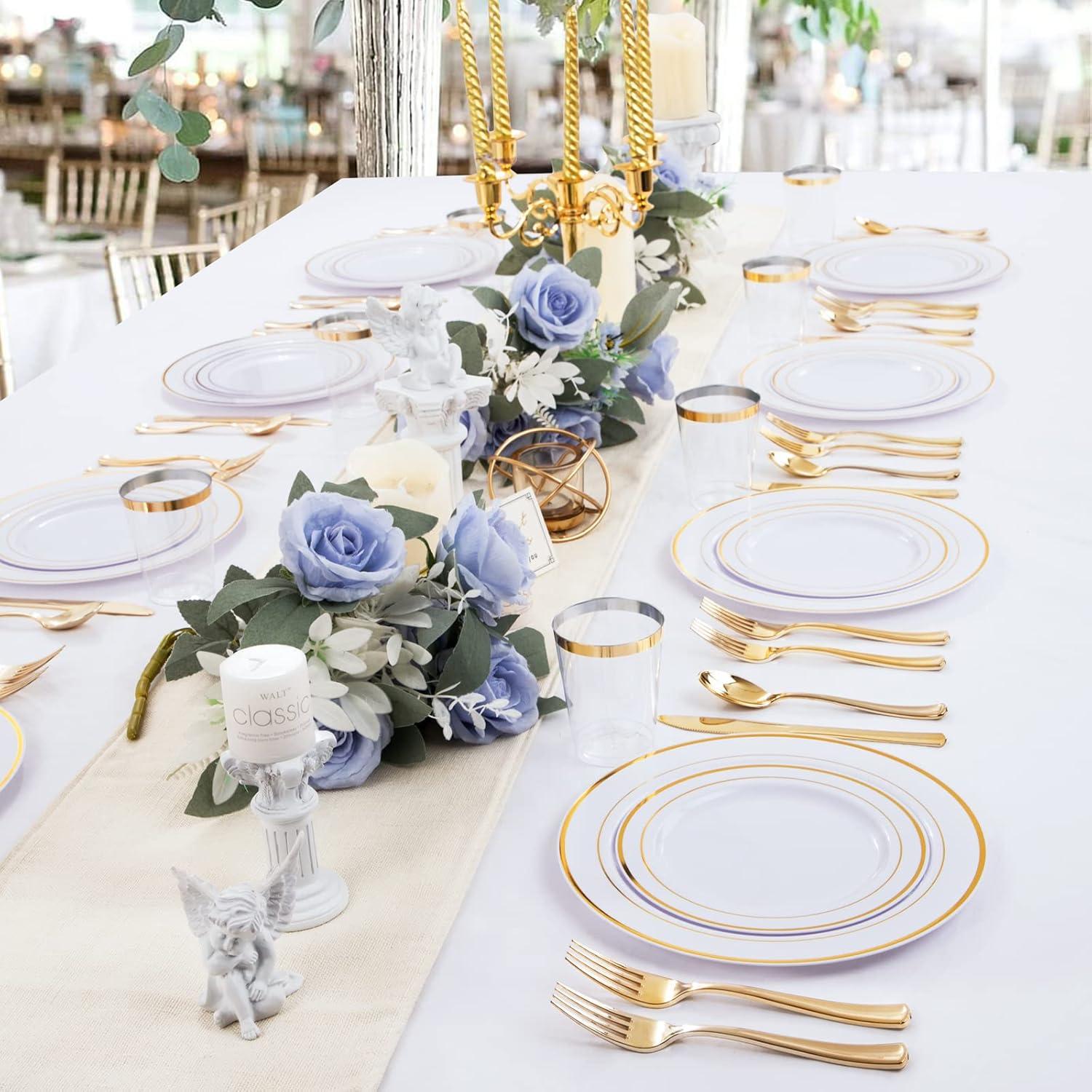 Elegant Gold and White Plastic Dinnerware Set for 25 Guests