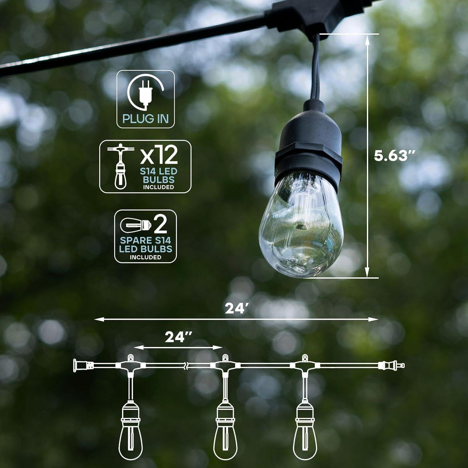 Luxrite 24FT LED RGBW Outdoor String Lights, Remote Control Color Changing Cafe Lights, Commercial Grade Waterproof, 12 Edison S14 Shatterproof Bulbs, IP65, Dimmable Outside Hanging Lights for Patio