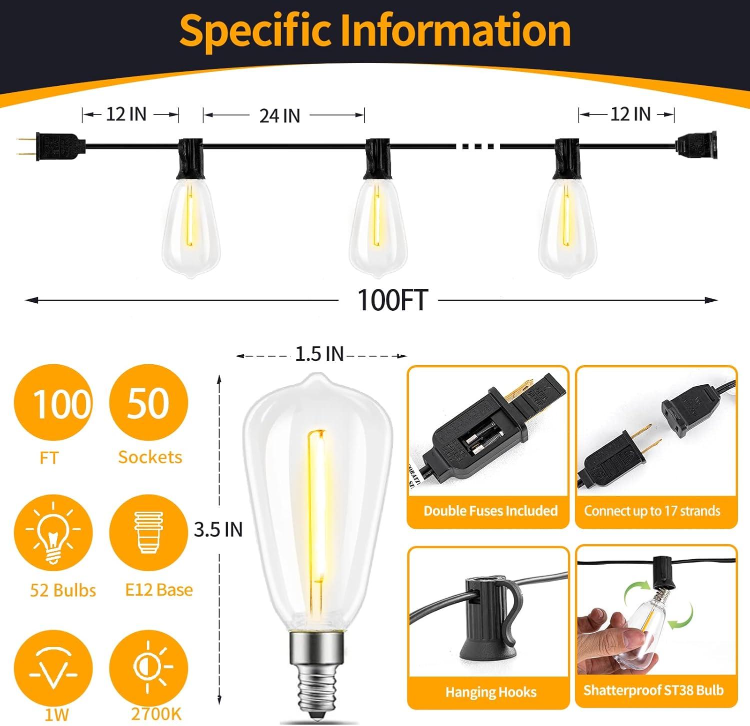 Arlmont & Co. Arlmont & Co. LED Outdoor String Lights 100FT Patio Lights With 52 Shatterproof ST38 Vintage Edison Bulbs